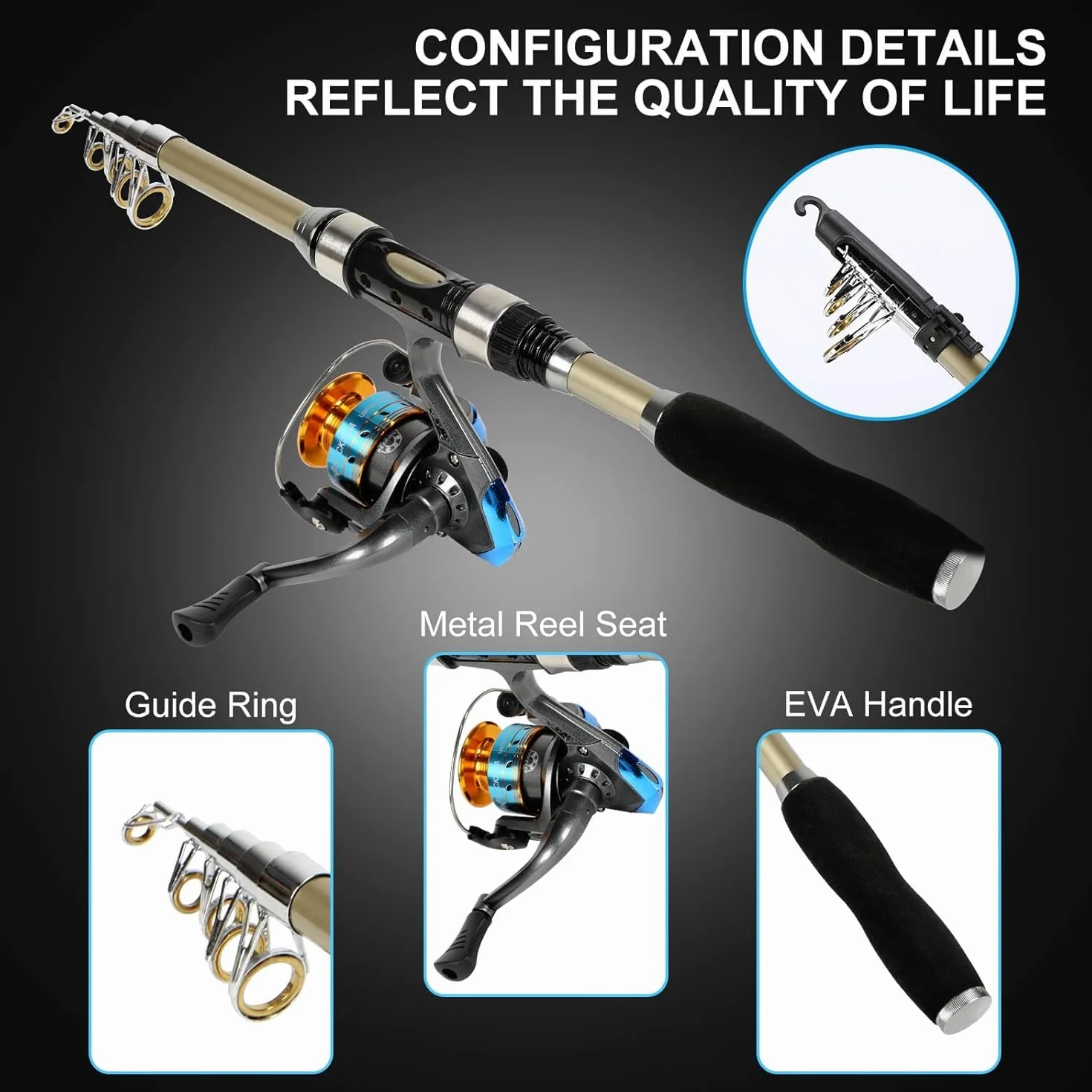 Set composto da canna da pesca telescopica e mulinello, con lenza, esche, borsa per il trasporto, canna da spinning e mulinello per acqua salata e d'acqua dolce