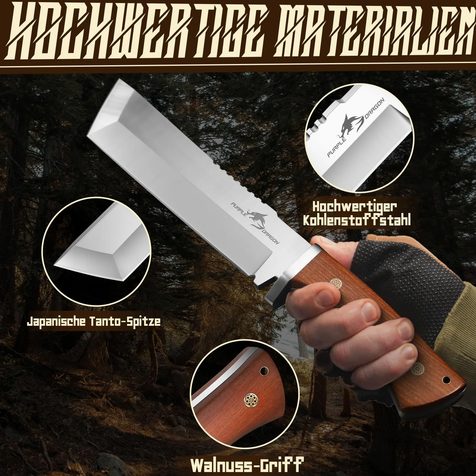 Purple Dragon Coltello da esterno con fodero in pelle, coltello da sopravvivenza affilato con dorso della lama di 7 mm, acciaio ad alto tenore di carbonio