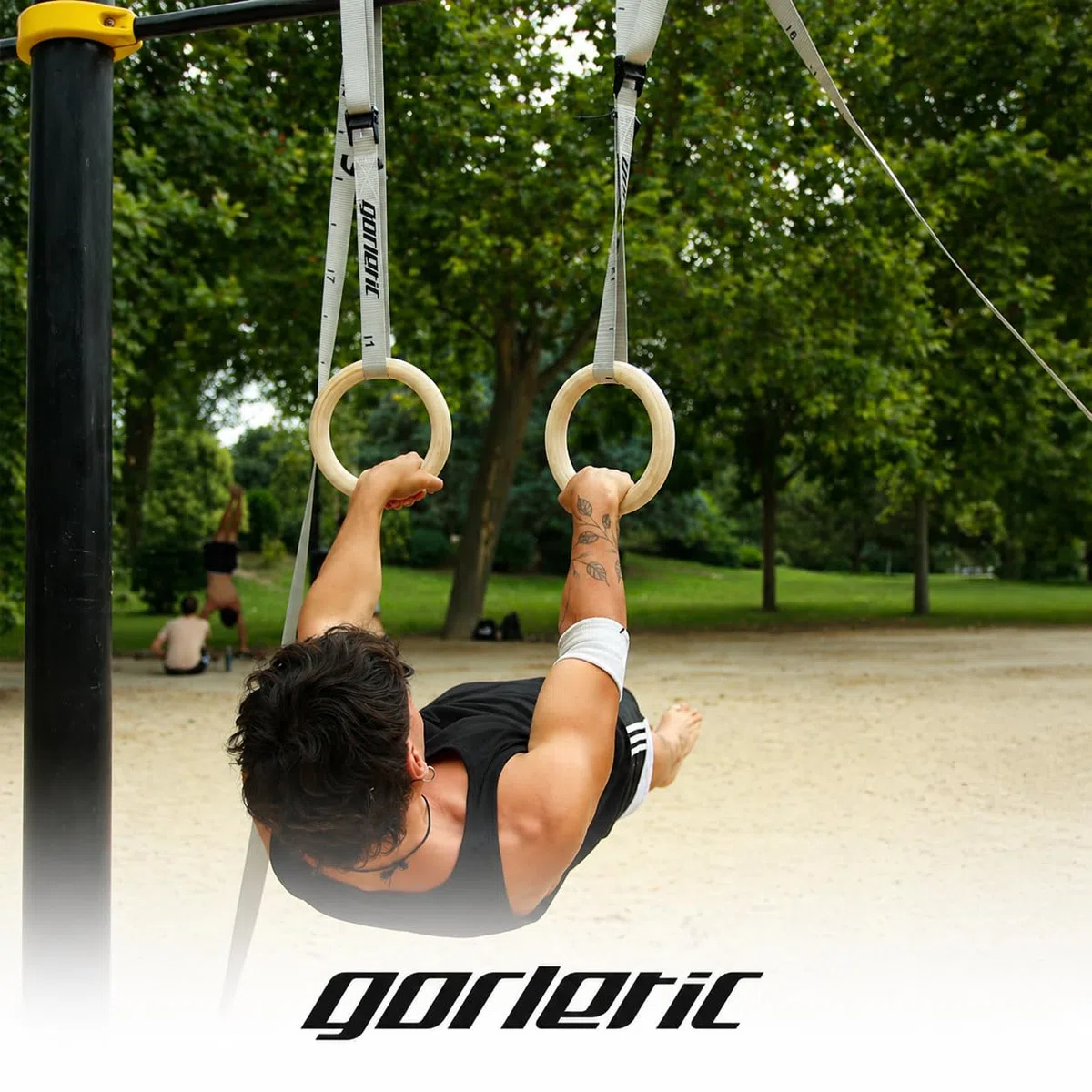 Gorletic - Anelli da ginnastica, anelli di legno da 28 e 32 mm di spessore, 4,5 m di cinghia rinforzata e marcata - qualità professionale (28mm)
