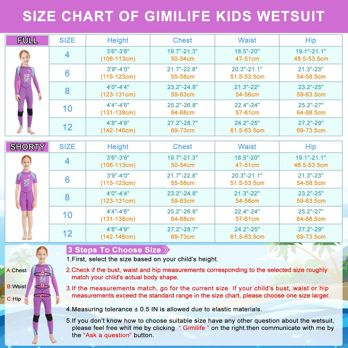 Gimilife Muta per bambini, Muta sub per ragazzi, ragazze e piccoli, in neoprene 2mm termica, sub intera/corta, ideale per nuoto, immersioni e surf