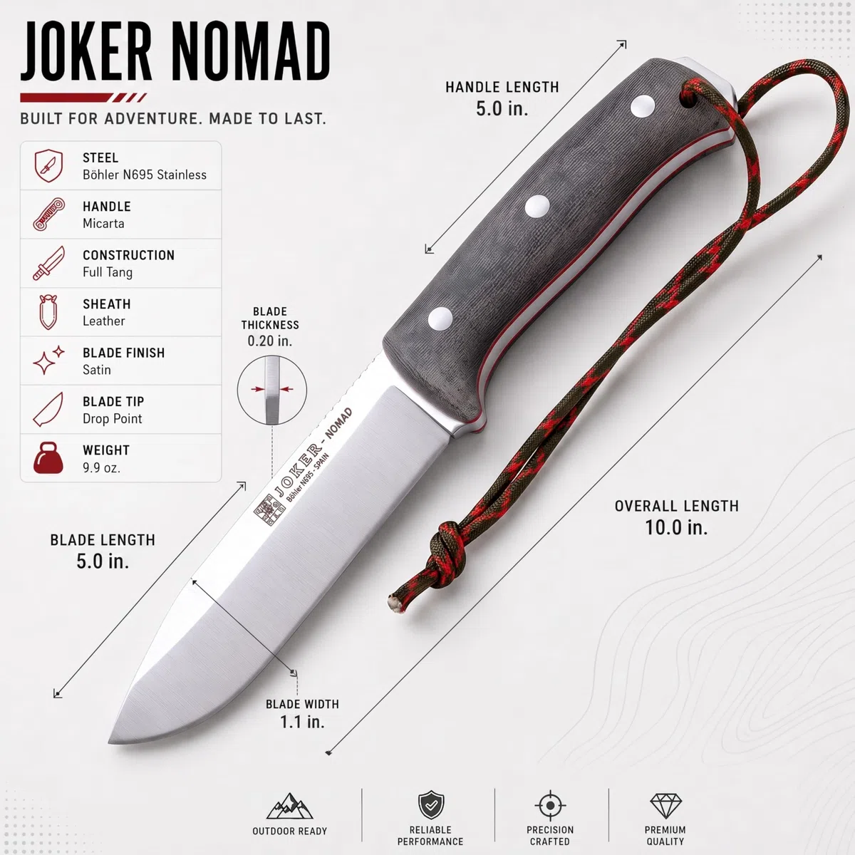 joker Coltello da caccia Nomad CV125, mango tela micarta, lama di 12,7 cm, fodero in pelle nera, include paracord, per la pesca, la caccia, l'escursionismo, il campeggio.