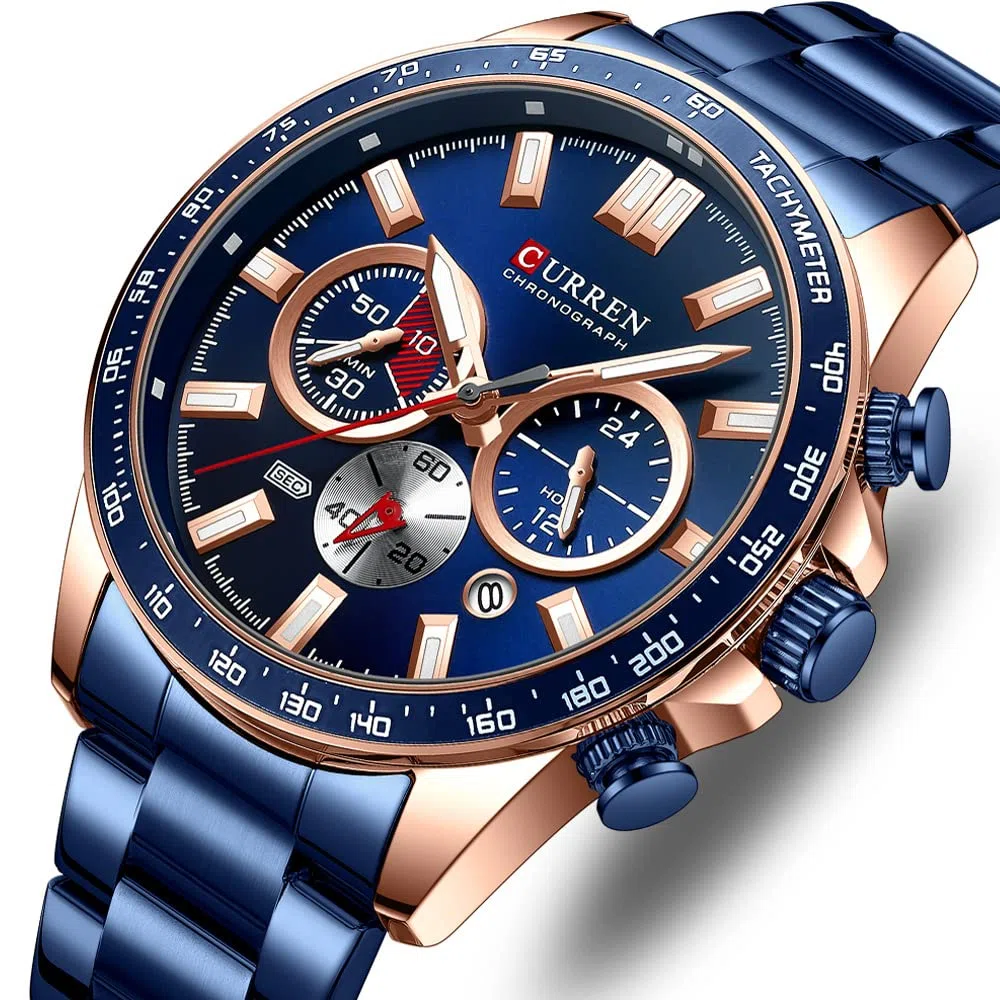 Orologio per gli Uomini Cronografo In Acciaio Inox Classico Modo Analogico Al Quarzo Grande Quadrante Casual Luminoso Orologi, Blu, L
