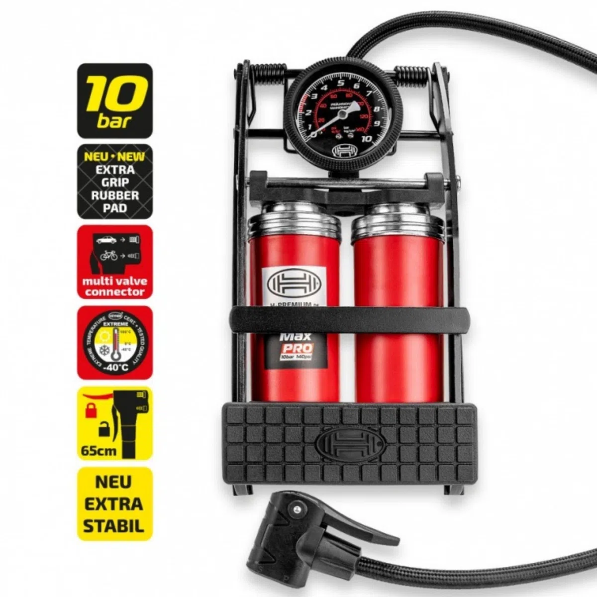 HEYNER, pompa d'aria Pedalmax di qualità a pedale, a doppio cilindro, con manometro, 10 bar