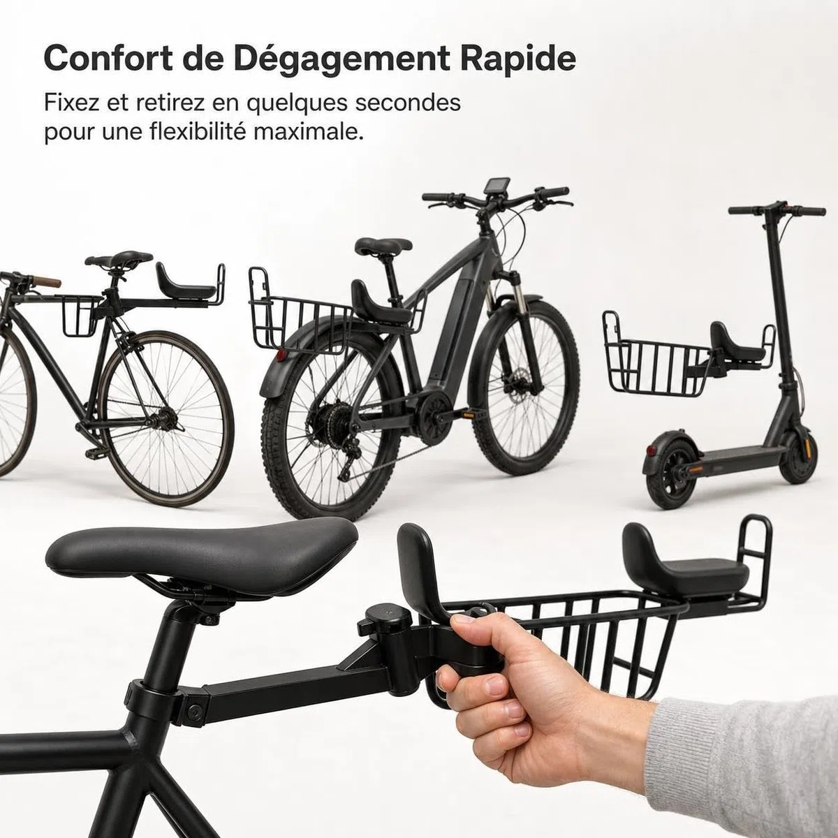 Cestino Bici in Metallo con Sedile Integrato, Sgancio Rapido per Bicicletta e Monopattino Elettrico, per Bici