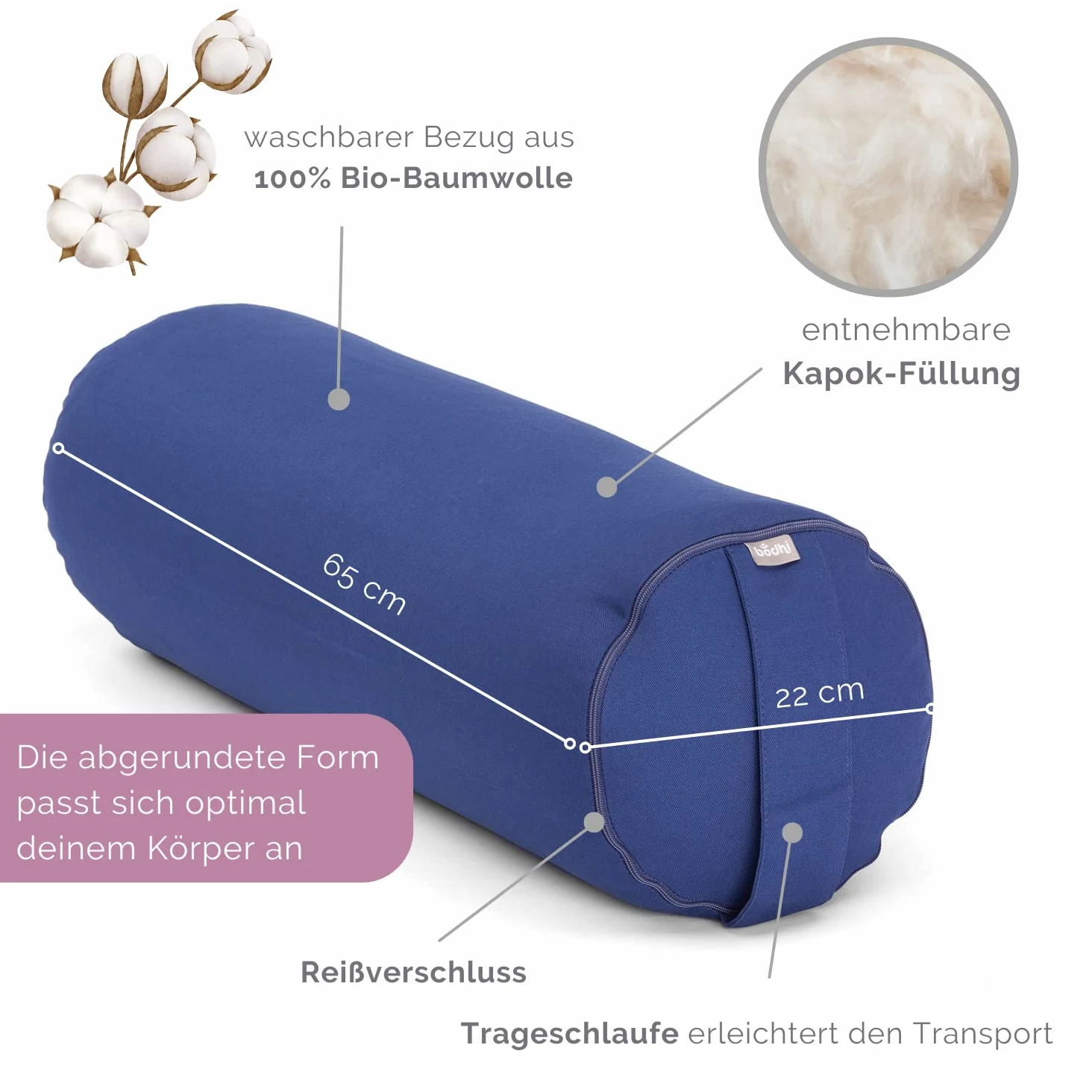 Bodhi Yoga Bolster | Serie ECO | Rullo da yoga con imbottitura in kapok | Rivestimento lavabile in 100% cotone biologico | Cuscino da yoga per yoga ristorativo | Grande 65 x 22 cm
