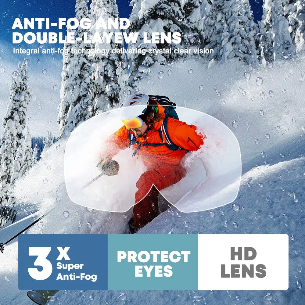 Ski Goggles Anti Fog UV400 Protection Double Layer Spherical Anti-Glare Lenses Snow Snowboard Skiing Goggles for Men Women Youth - Red/Silvery/Blue