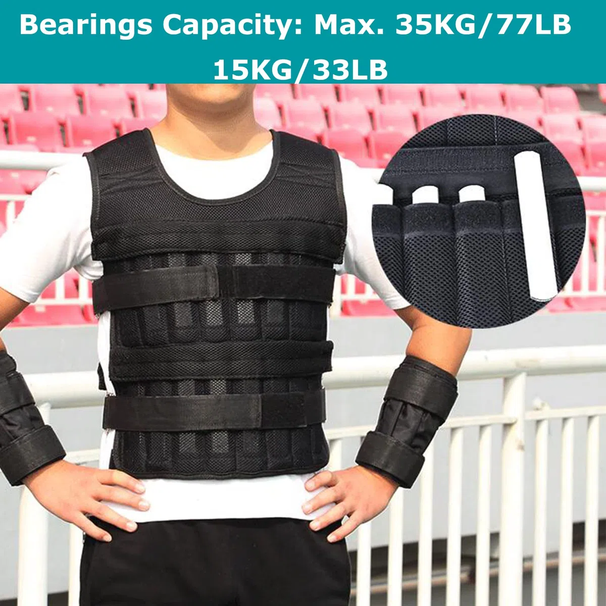 Gilet da 35 Kg con Pesi per le Gambe da 6 Kg e per le Braccia da 5 Kg, Gilet da Allenamento Regolabile con 32 Tasche, Tessuto a Rete, Spallacci Ammortizzanti, Resistente