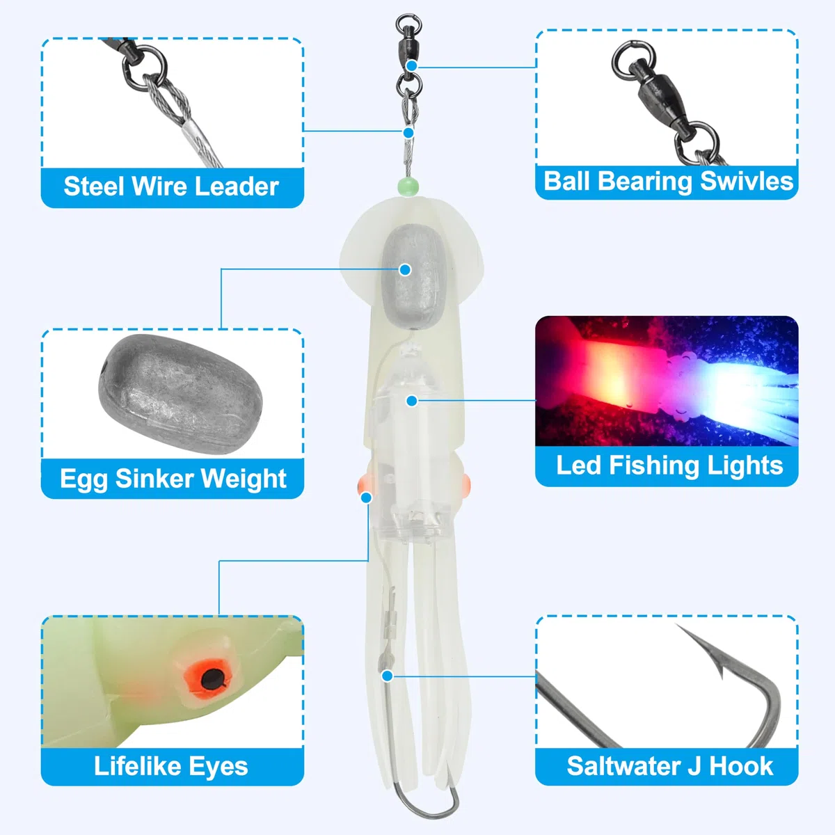 Esche da pesca per calamari in acqua salata, esche a LED illuminate per calamari, morbide, per pesca a traina, calamari, luci lampeggianti, per halibut, lingcod, sgombro, tonno striper