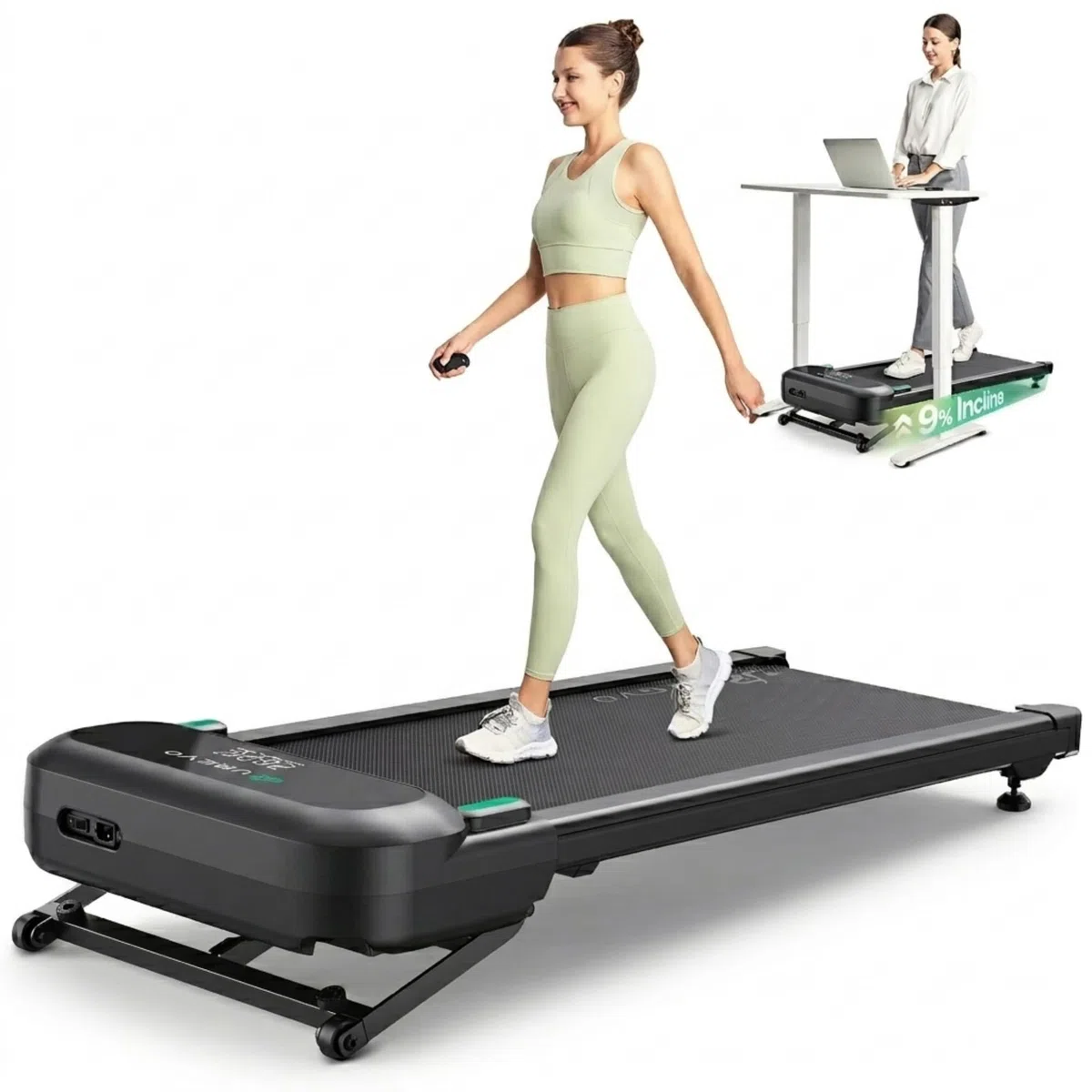 UREVO Tapis Roulant Elettrico 9% Inclinazione Automatica, 3 in 1 AI Intelligente Walking pad, 35 db Silenzioso Tapis Roulant da scrivania con Telecomando e LED per Casa e Ufficio, Capacità 136 kg