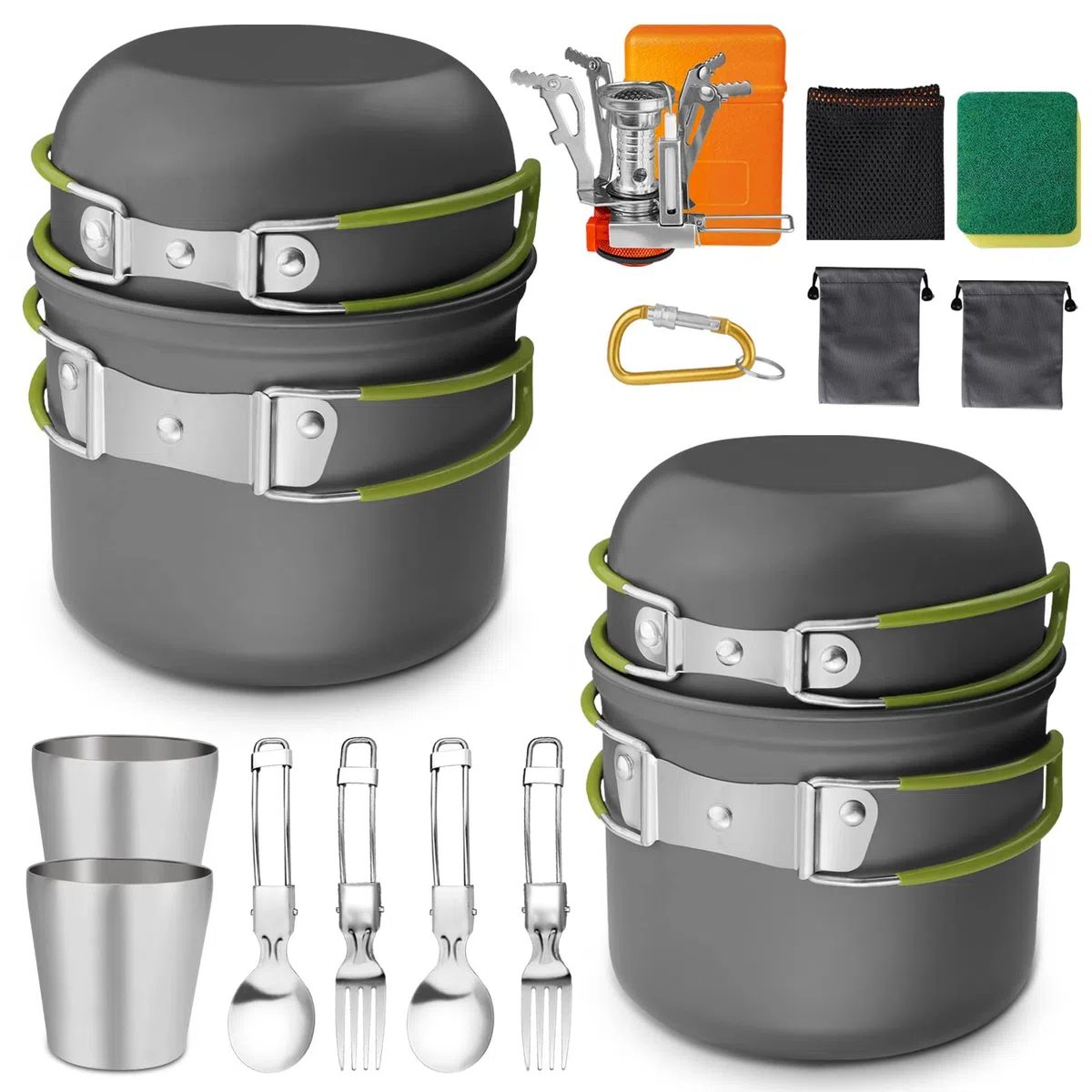 AUTOPkio Set di Pentole da Campeggio, 18 PCS Pentola e Padella Campeggio | Alluminio Fornello da Campeggio, Tazza, Posate Pieghevoli Stoviglie Campeggio per Picnic Trekking Escursionismo