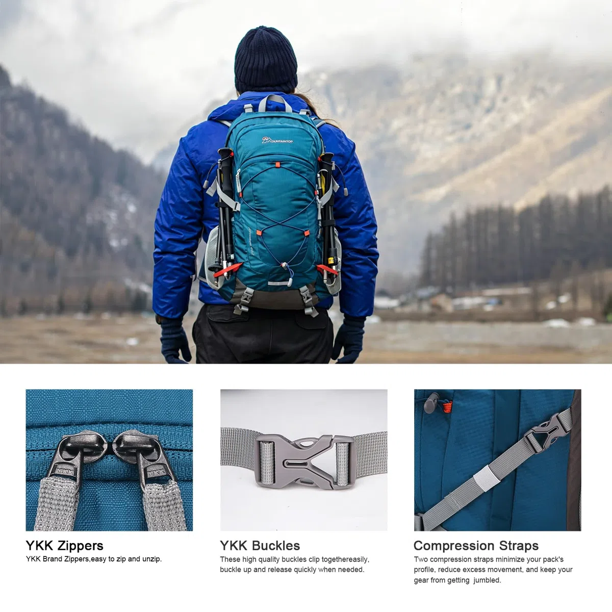 Mountaintop Zaino da trekking da 25 l/40 l, unisex, per escursioni, 40 l, blu mare, 40 L | Zaino da trekking YKK, con protezione antipioggia, per campeggio, viaggi