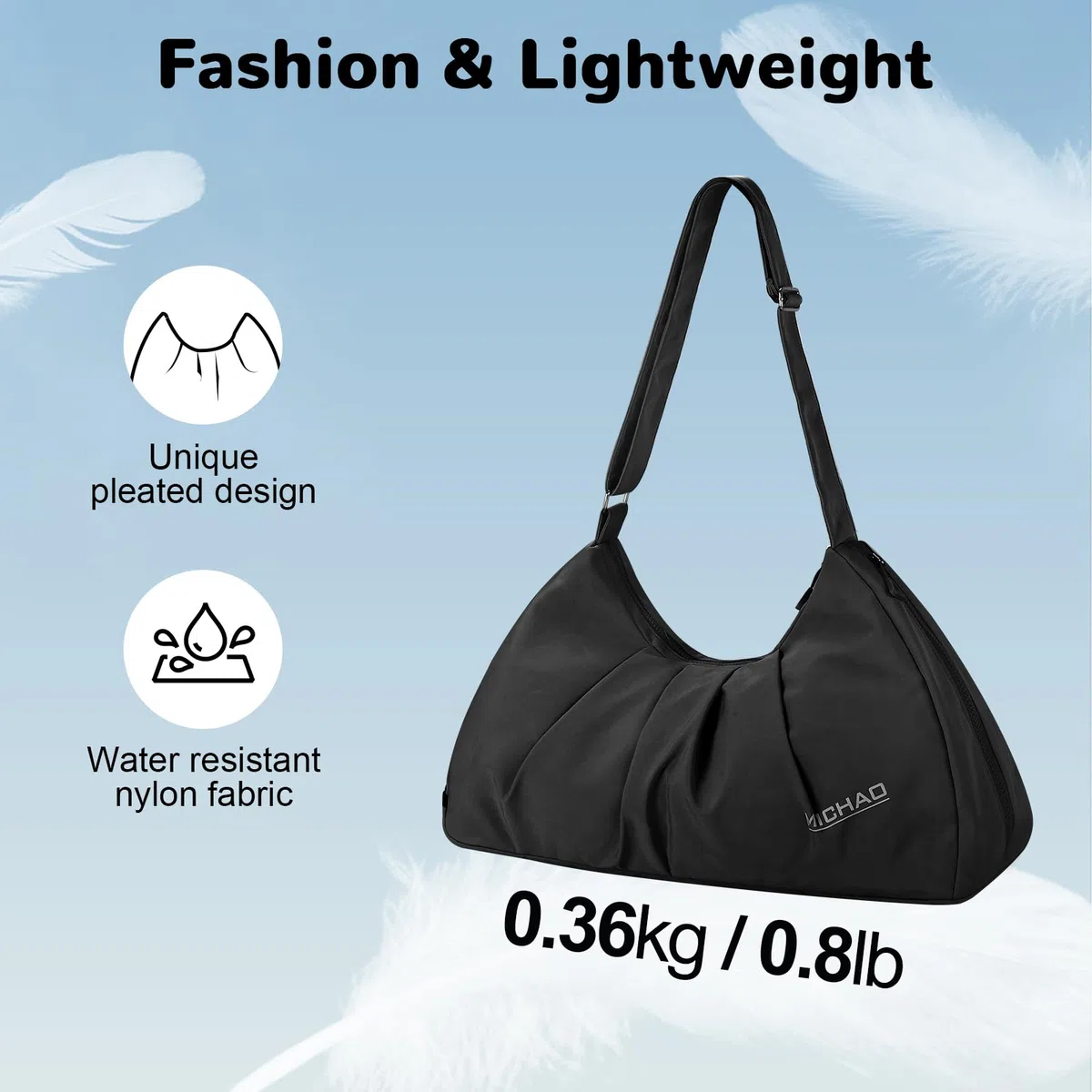 Borsa Palestra Donna con Diseño Plisado Piccola, Elegante Borsa Sportivo con Scomparto per Scarpe, Borsone Piscina con Tasca Bagnata, Gym Duffel Bag per Fitness Viaggio, Nero