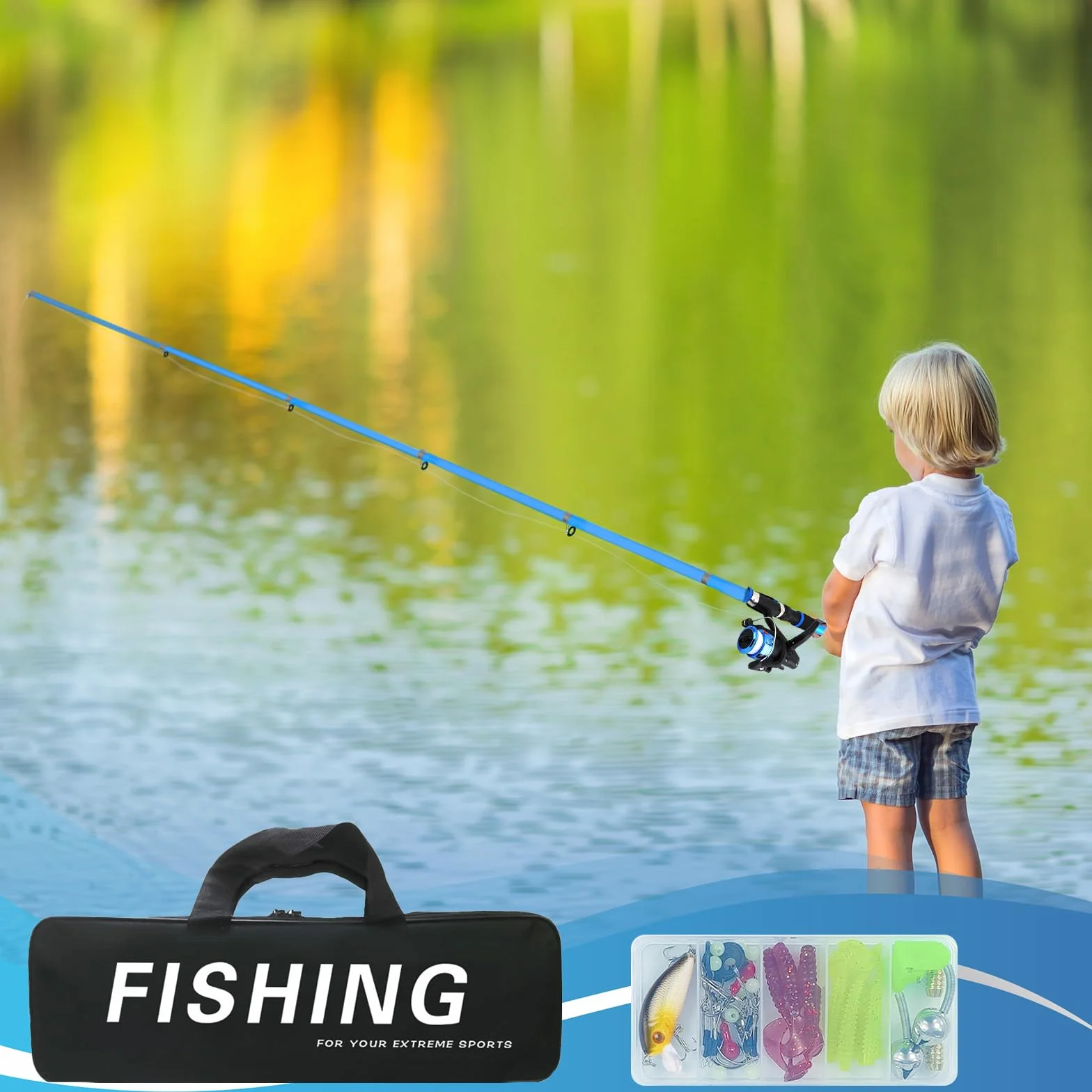 Set da pesca per bambini, 1,8 m, set di canne da pesca per bambini, con mulinello e set di esche, canna da pesca telescopica in fibra di carbonio e mulinello, accessori da pesca per bambini dai 3 ai