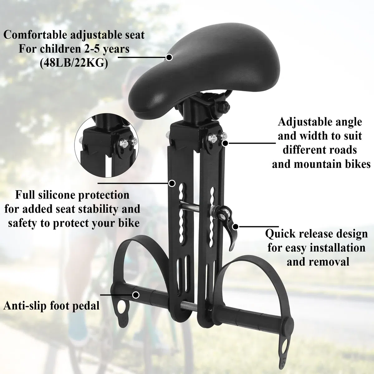 Gekufa Seggiolino per Bici per Bambini con Manubrio, Montato sul Davanti, per Tutte Le Mountain Bike, seggiolini Staccabili per Bambini da 2 a 5 Anni (Fino a 21,8 kg)