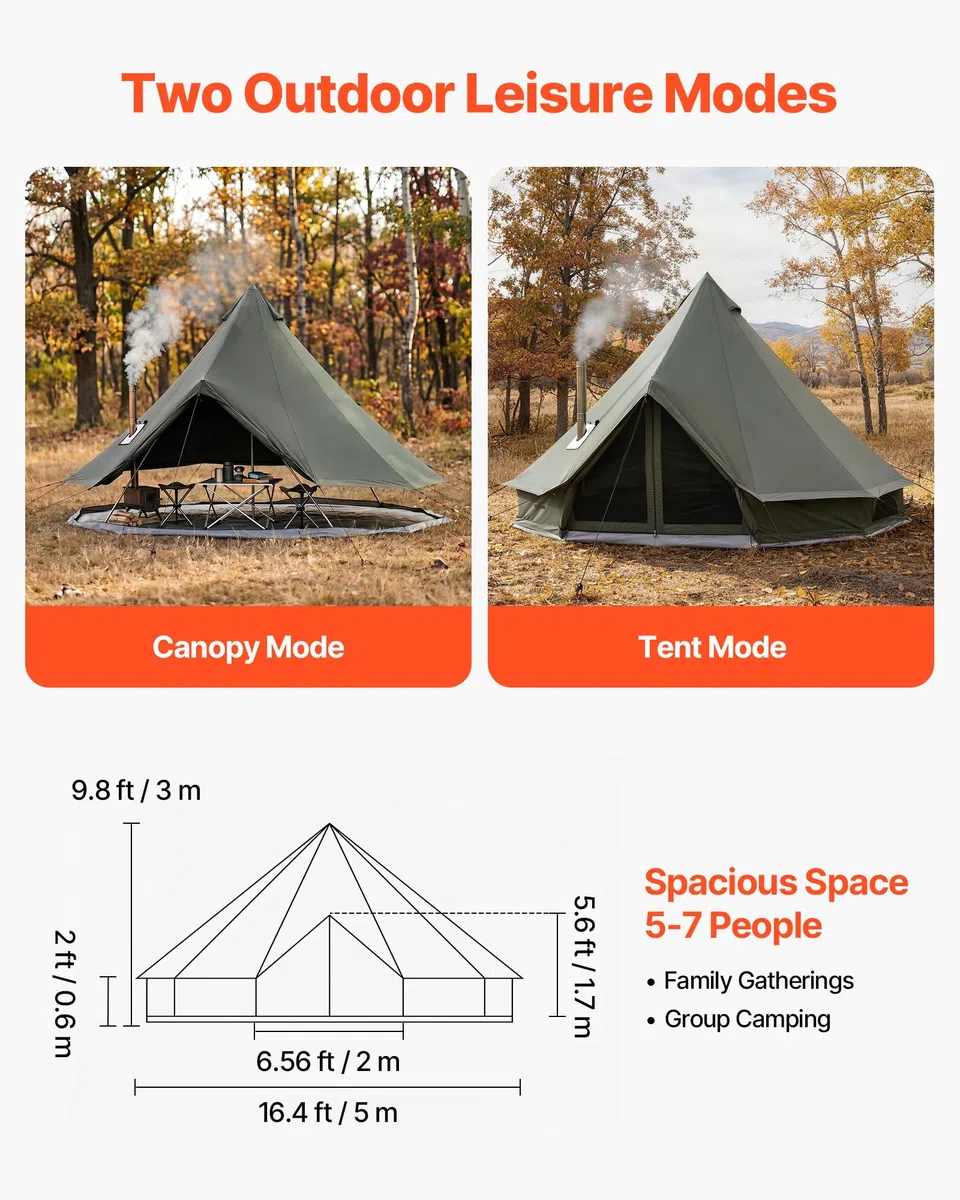 VEVOR Tenda a Campana in Tela 4 Stagioni 5 m per Campeggio, Tenda a Yurta con Presa Stufa, Tela Traspirante, Max 7 Persone, con Pavimento Staccabile con Cerniera, Uso Esterno per Campeggio Vacanze