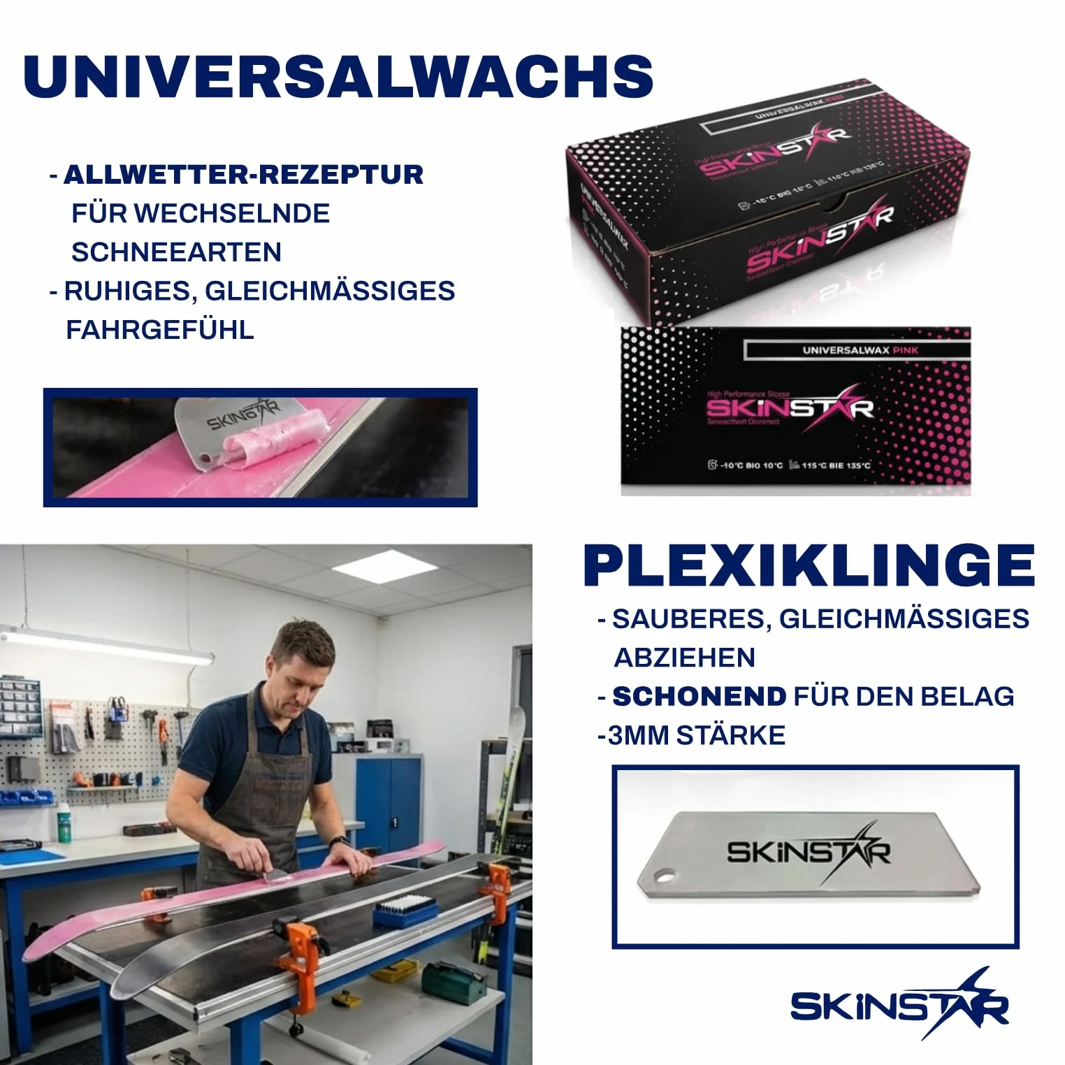 SkinStar Starter Set di 8 pezzi – Cera da sci universale senza fluoro- e PFAS con ferro da stiro a cera, spazzole e levigatrice per bordi Combo Sharp – per sci e snowboard