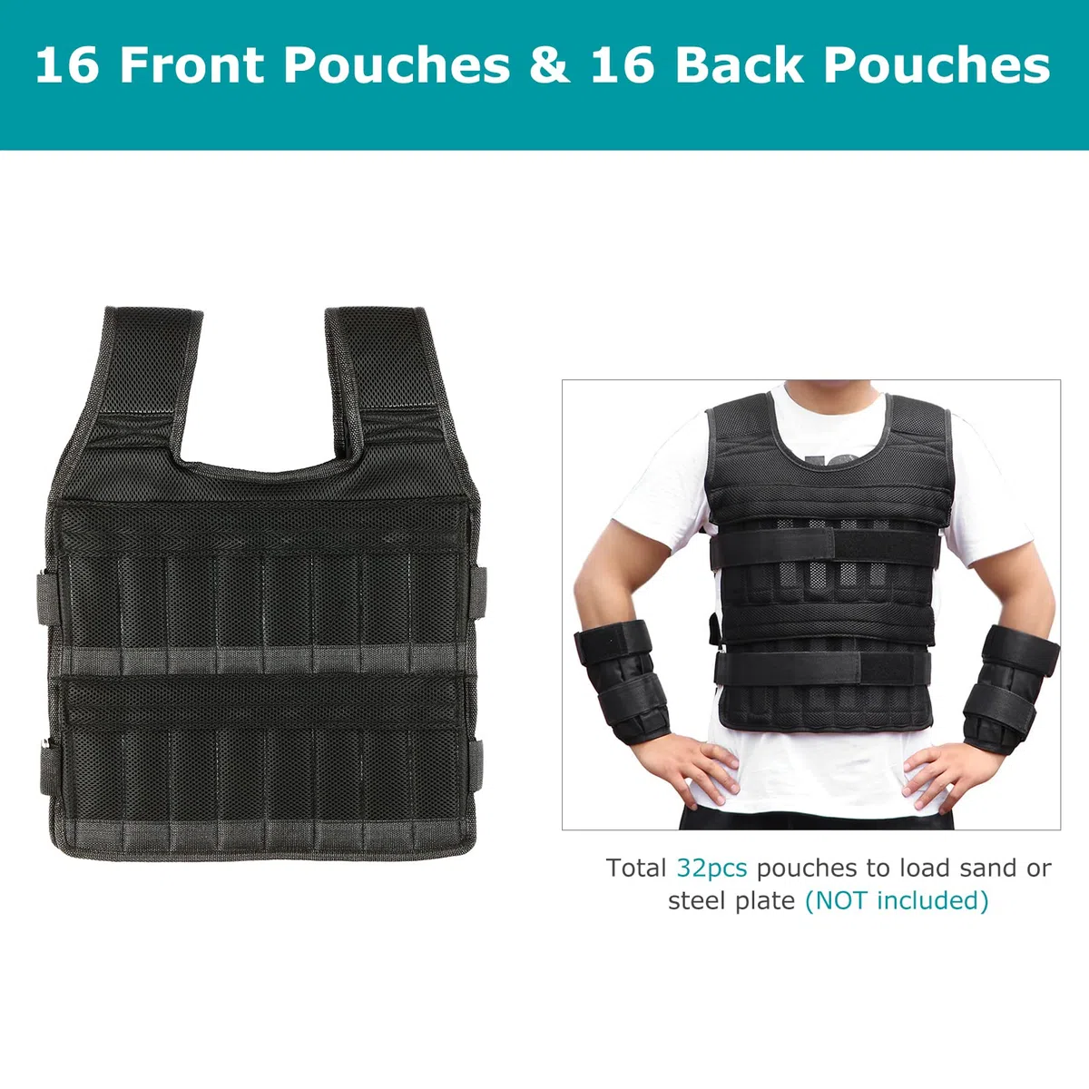 Gilet da 35 Kg con Pesi per le Gambe da 6 Kg e per le Braccia da 5 Kg, Gilet da Allenamento Regolabile con 32 Tasche, Tessuto a Rete, Spallacci Ammortizzanti, Resistente