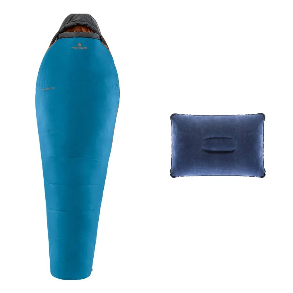 Ferrino Nightech 800, Sacco A Pelo Blu, 800 Gr & Aufblasbares Kissen, Cuscino Gonfiabile Goffrato Unisex, Blu Scuro, 42X30X6 Cm