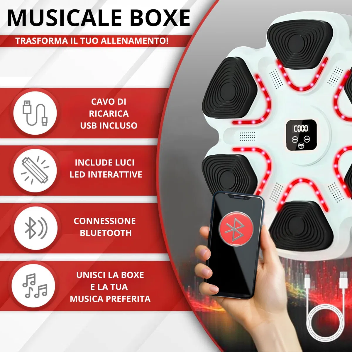 Arcanix - Macchina da Boxe Musicale da Parete | Music Boxing Machine con Bluetooth, Luci LED e 9 Velocità | Guantoni Inclusi | Allenamento Cardio, Riflessi e Coordinazione per Adulti e Bambini