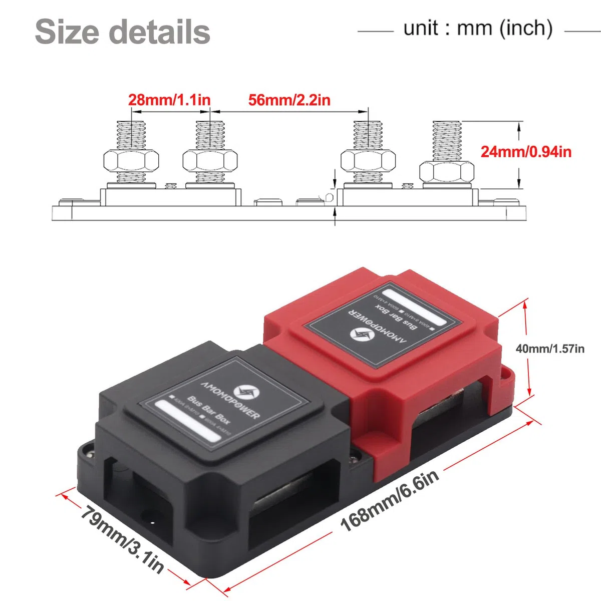 Bus Bar Rame Barra di bus 12V-48V CC 400A con terminali per perni 8xM10 Blocco di distribuzione dell'alimentazione Batteria per Heavy Duty Busbar 400 Amp per Auto Marina Barca RV Solare
