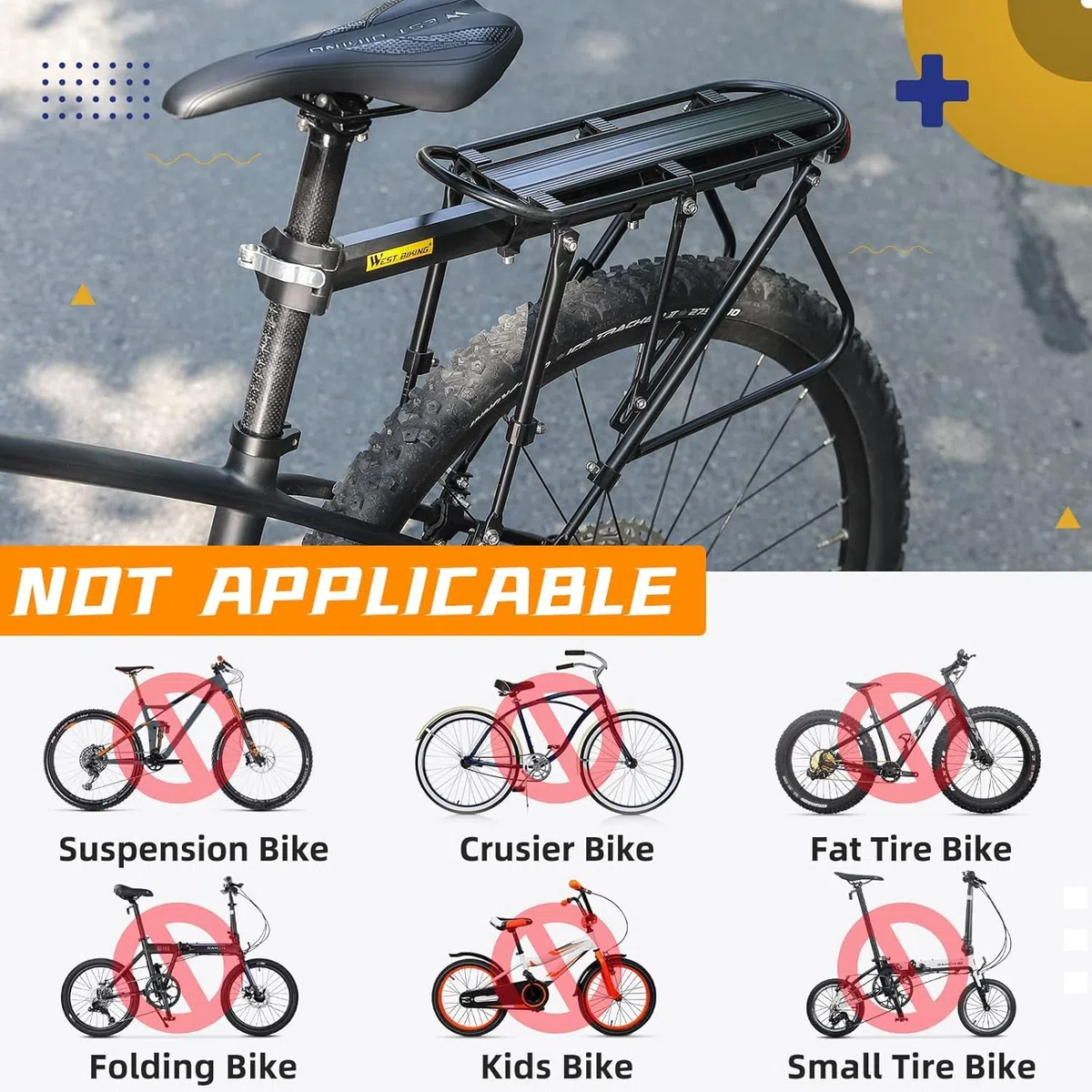 West Biking, portapacchi da bici, capacità 140,6 kg, solido cuscinetto universale regolabile, con poggiapiedi