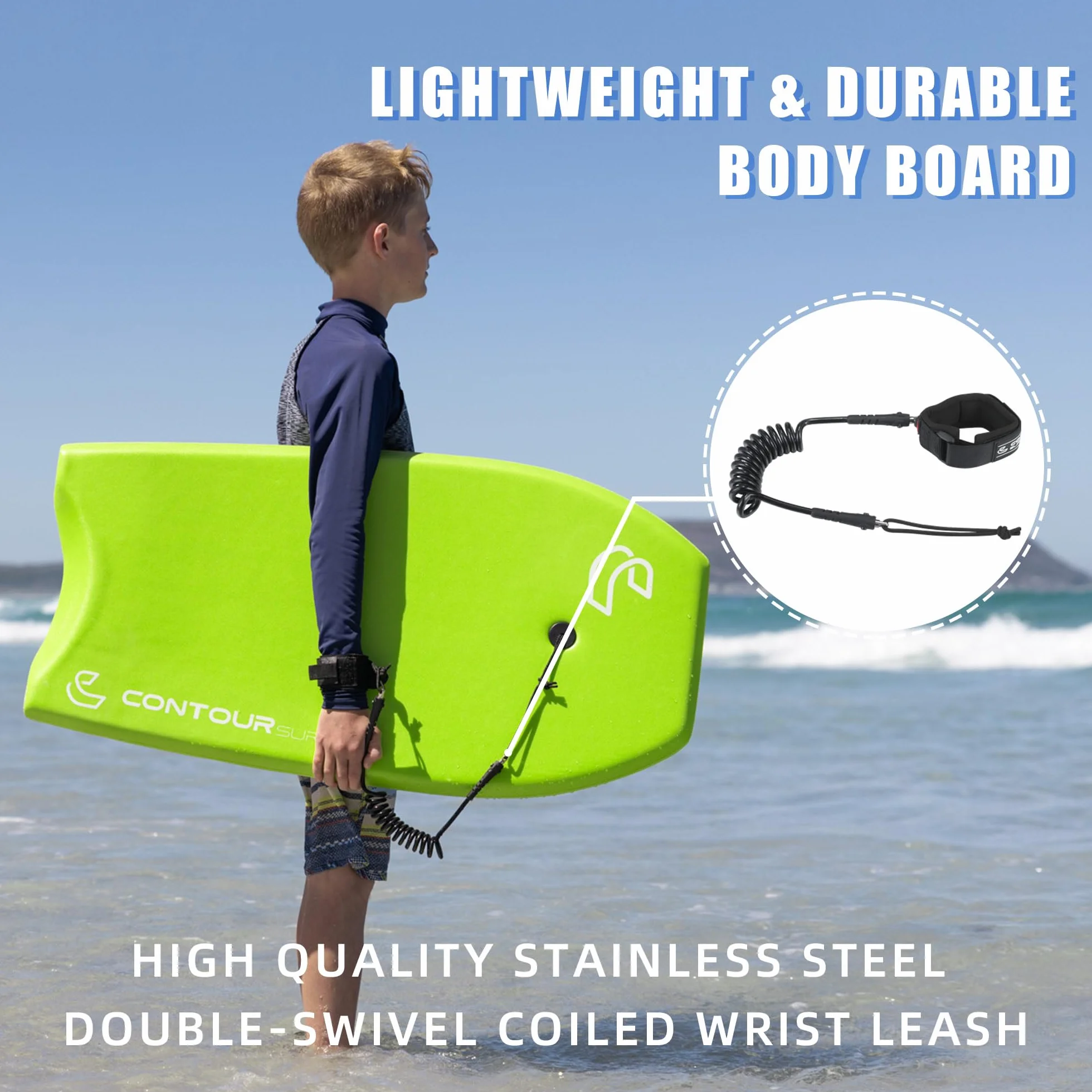 Body Board per spiaggia, leggero, resistente, con nucleo in EPS a doppio canale, doppio cavo girevole da polso a spirale, ideale per resort estivi e spiaggia divertente stemma