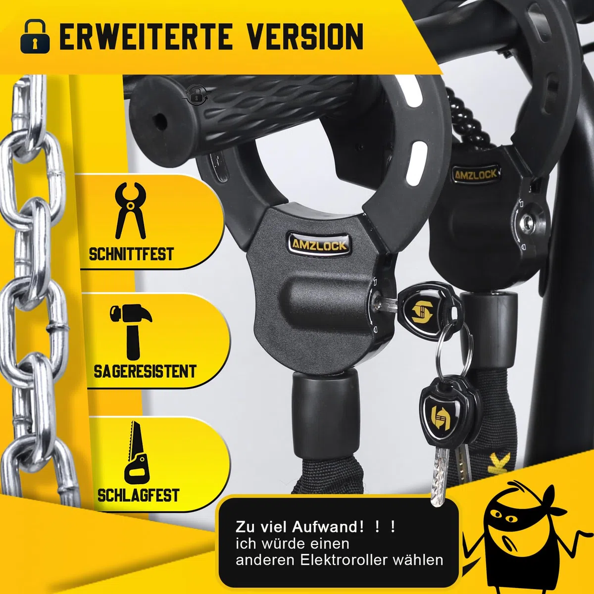 Lucchetto Monopattino Elettrico, Catena Monopattino Elettrico da 8 mm, Lucchetto a Manette con Chiavi e Borsa, Ideale per Monopattini e Biciclette