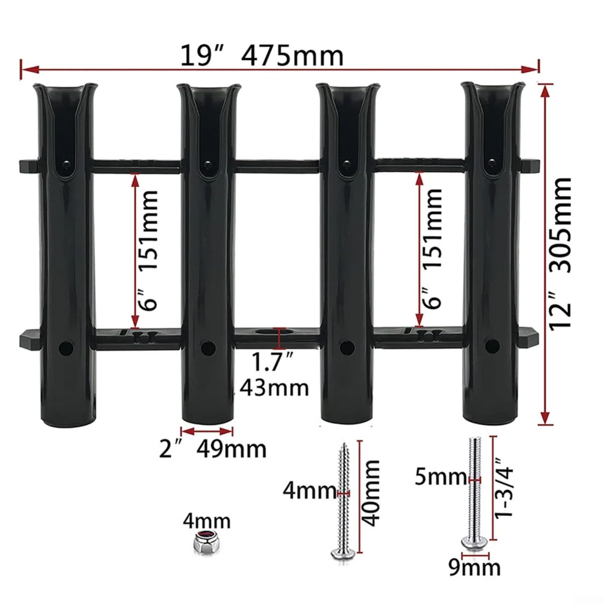 Confezione da 4 supporti per canna da pesca, montaggio a parete, in plastica, stabile, per yacht, kayak, uso marino, nero, 475 x 305 mm