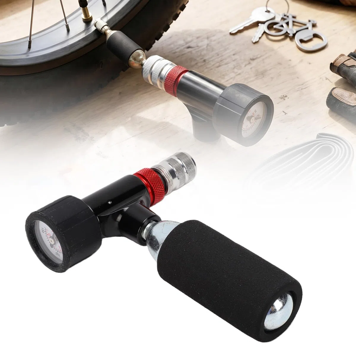 Zunate Gonfiatore per Pneumatici per Bici a CO2, Pompa per Pneumatici per Bicicletta Portatile con Manometro e Cartuccia, Kit di Gonfiaggio Veloce a CO2 per Valvole, Pompa Ad Aria per Bicicletta per