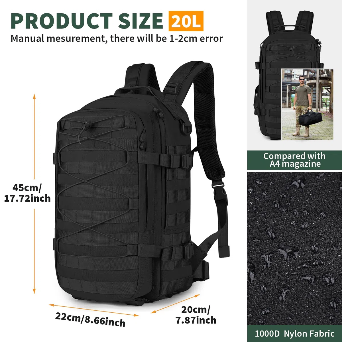 HUNTVP Mini Zaino 20L Uomo Tattico Militare 1000D Zainetto Molle per Sport Viaggio Ciclismo Campeggio Escursionismo