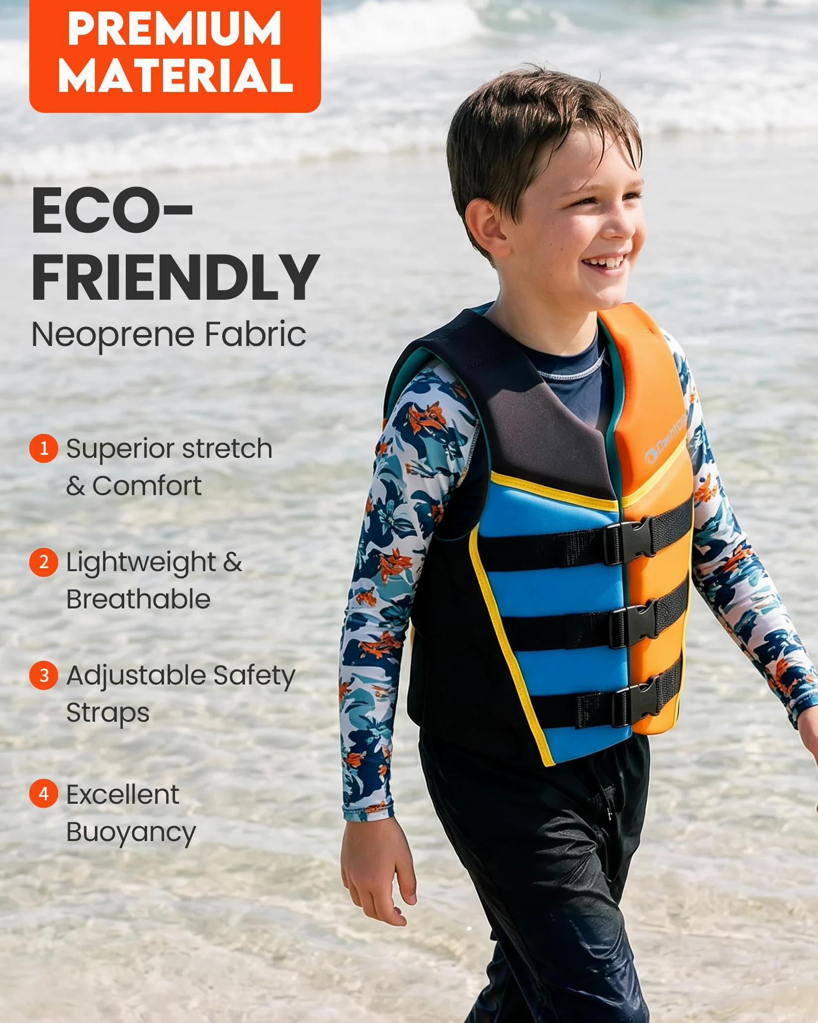 Owntop Gilet da Nuoto Junio, Aiuto al Galleggiamento in Neoprene per Ragazzi e Bambini con Tre Cinghie di Sicurezza Regolabili, Gilet Galleggiante Leggero per Kayak, Barca e PaddleMulticoloreL