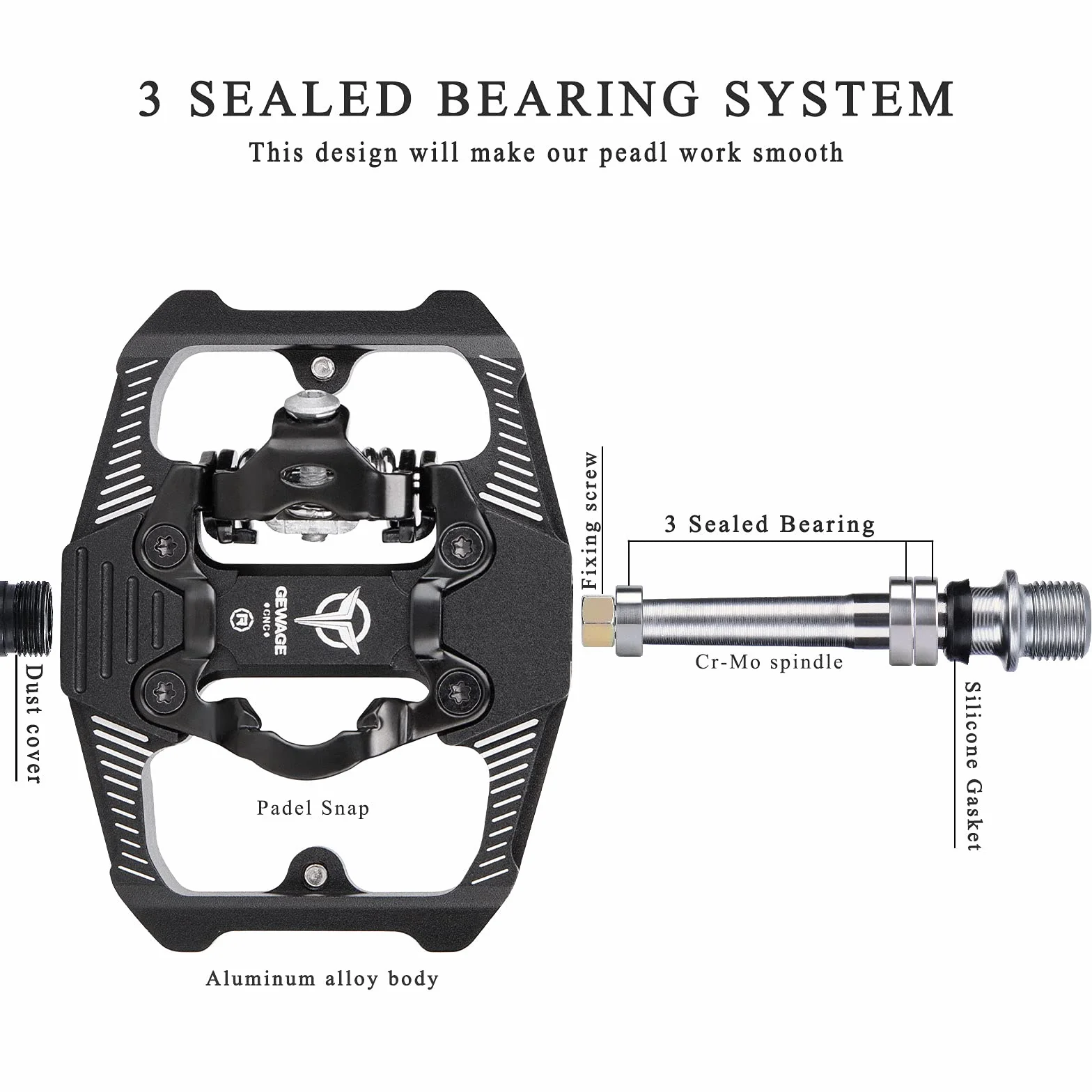 GEWAGE Pedali per bicicletta SPD, pedali per mountain bike, doppio lato SPD, piattaforma antiscivolo, con 3 cuscinetti, pedali in alluminio leggero, 9/16", con inserti per MTB, bici da strada