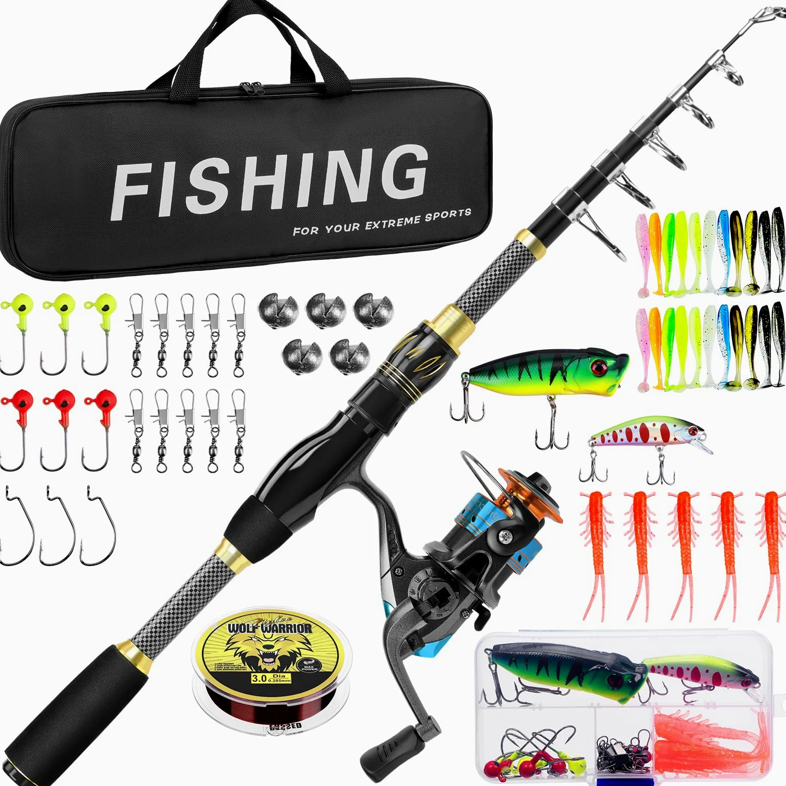 Ertisa Canna da Pesca Spinning, 2.1m Fibra di Carbonio Canne Pesca Telescopica Set Combinato Canna da Spinning e Mulinello da Pesca Esche da Pesca Kit Borsa da Trasporto Per Mare e Acqua Dolce Viaggio