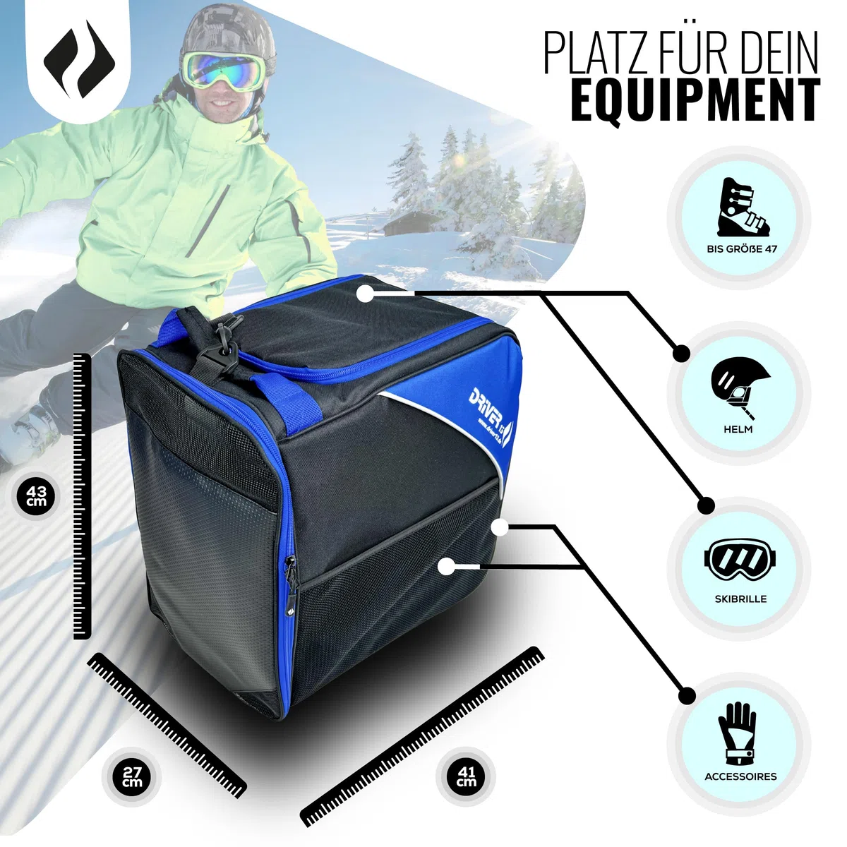 Driver13 borsa per scarponi/scarpe da sci con scomparto casco (bootbag) per scarpe da sci e boots snowboard (nero/blu)