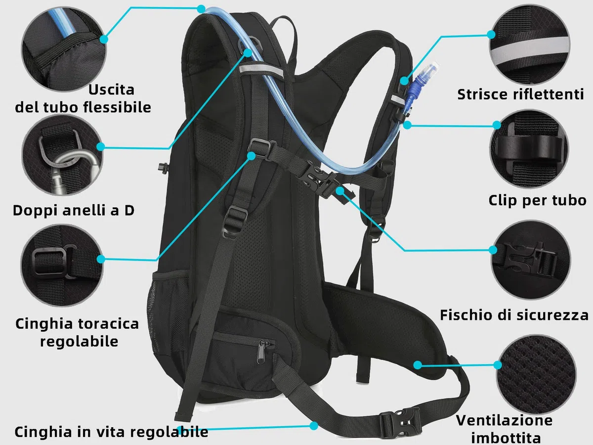 Zaino Bicicletta con Sacca d'Acqua 2L, Isotherme, 18L Zaino Idratazione per Sci Escursioni Bici Mountain Bike Moto Enduro Ciclismo per Uomo Donna