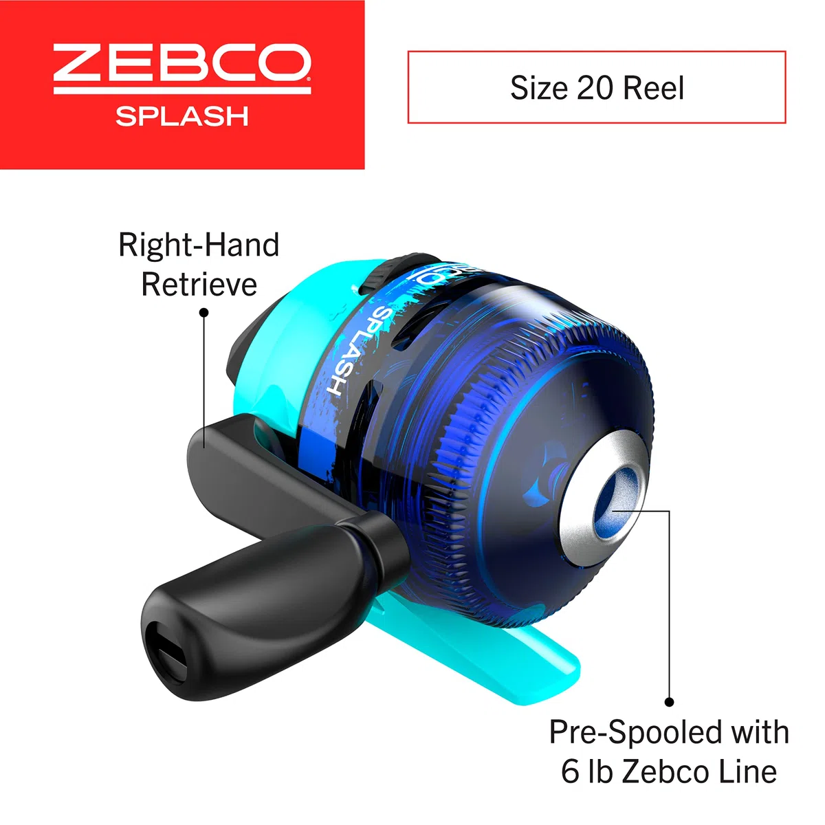 Zebco Kids Splash Jr. - Mulinello e canna da pesca combinata, canna da pesca da 1,2 m, 2 pezzi, misura 20, recupero mano destra, pre-bobinata con lenza Cajun da 2,7 kg