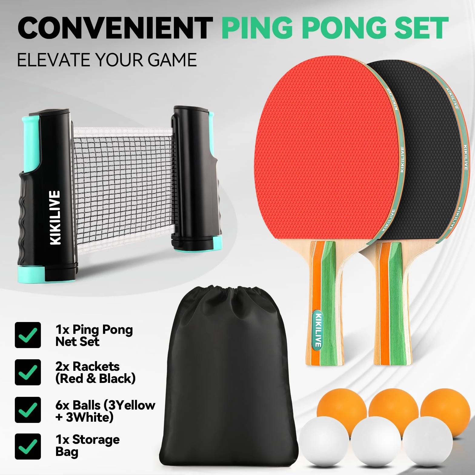 Set da ping pong per 2 giocatori, 2 racchette, 1 rete e 6 palline, kit da ping pong per giocare in interni ed esterni