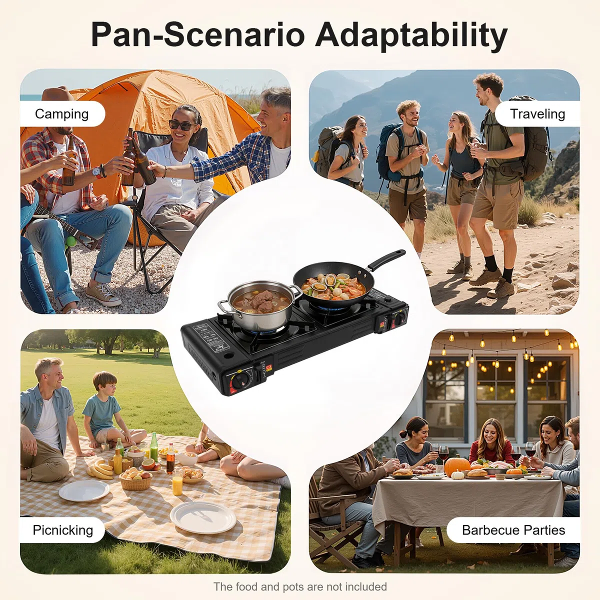 Fornello portatile da campeggio a 2 fuochi, a gas, 2500 W, con accensione piezoelettrica, teglia antiaderente e borsa per il trasporto, stabile fornello da tavolo per campeggio, giardino, picnic