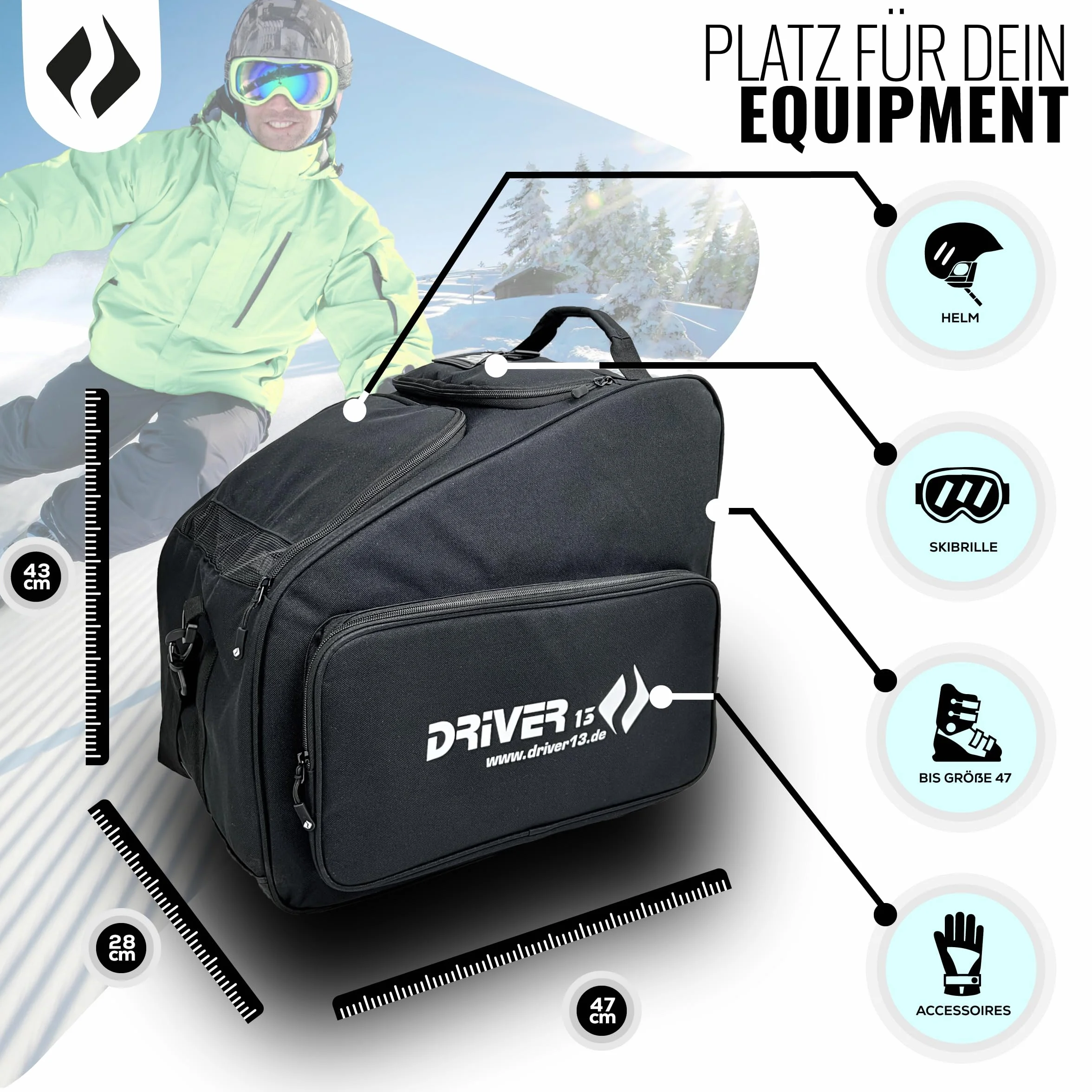 Driver13 borsa porta scarponi da sci (bootbag) con scomparto casco e scomparto maschera, per scarponi da sci e boots snowboard, tasche extra, nero