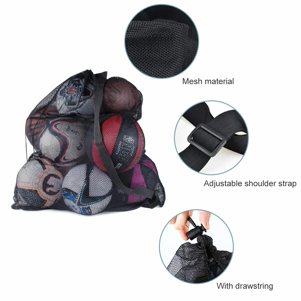 Mesh Ball Bag, Sacca in Rete per Palloni da Calcio, Borsa per Palline in Rete, Borsa Portaoggetti di Palline, per Calcio Basket Pallavolo Tennis Calcio, con Coulisse e Tracolla, 72 X 100cm, Nero