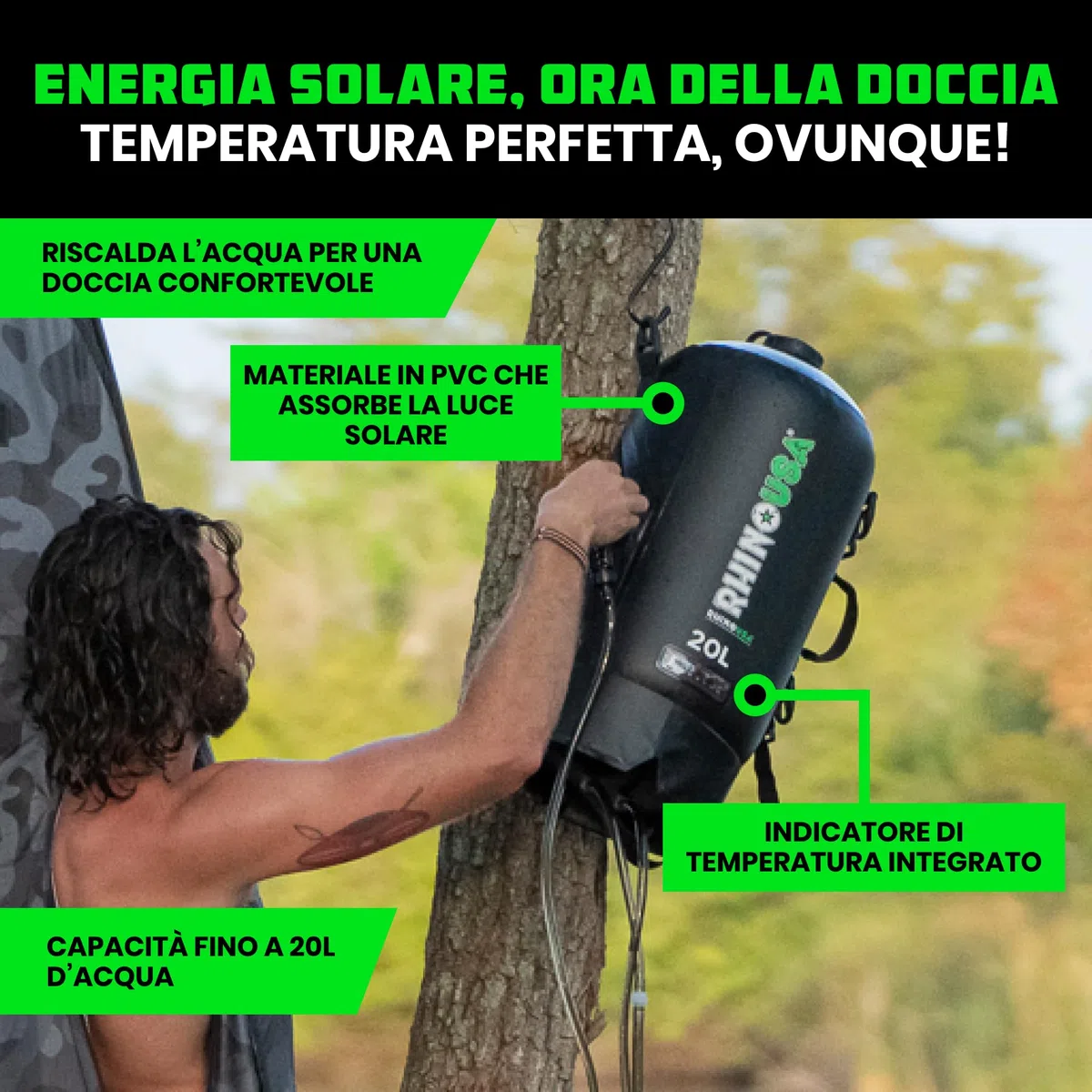 Rhino USA Doccia portatile da campeggio solare da 20 l, essenziale per campeggio, festival, overlanding, gite in spiaggia, doccia all'aperto e molto altro ancora