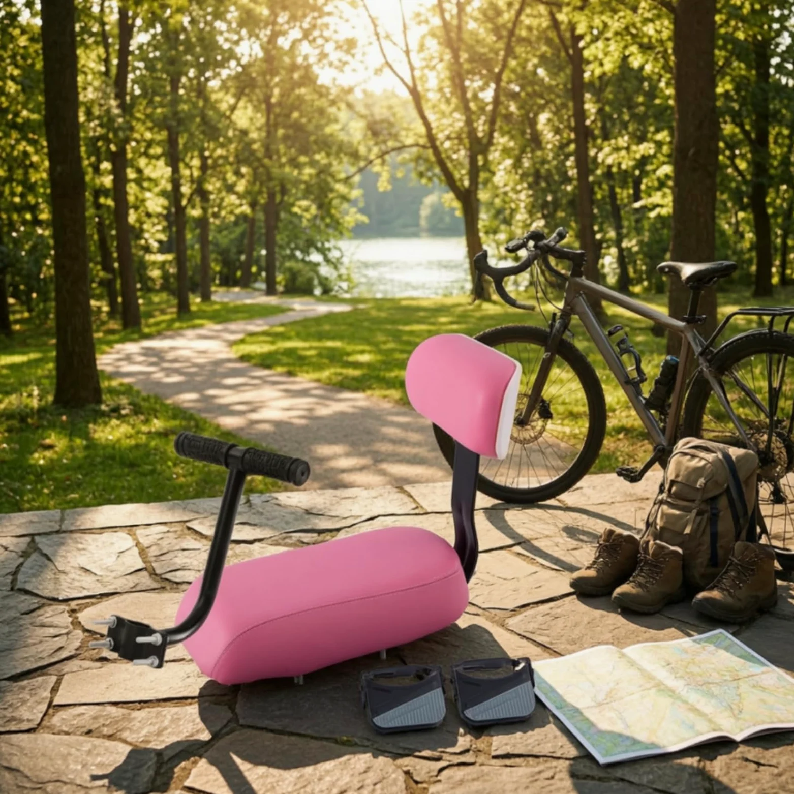 Cuscino Posteriore con Schienale Morbido Seggiolino Posteriore da Bici Impermeabile per Bicicletta, Passeggiate per, Rosa, Cuscino Con Schienale + Bracciolo