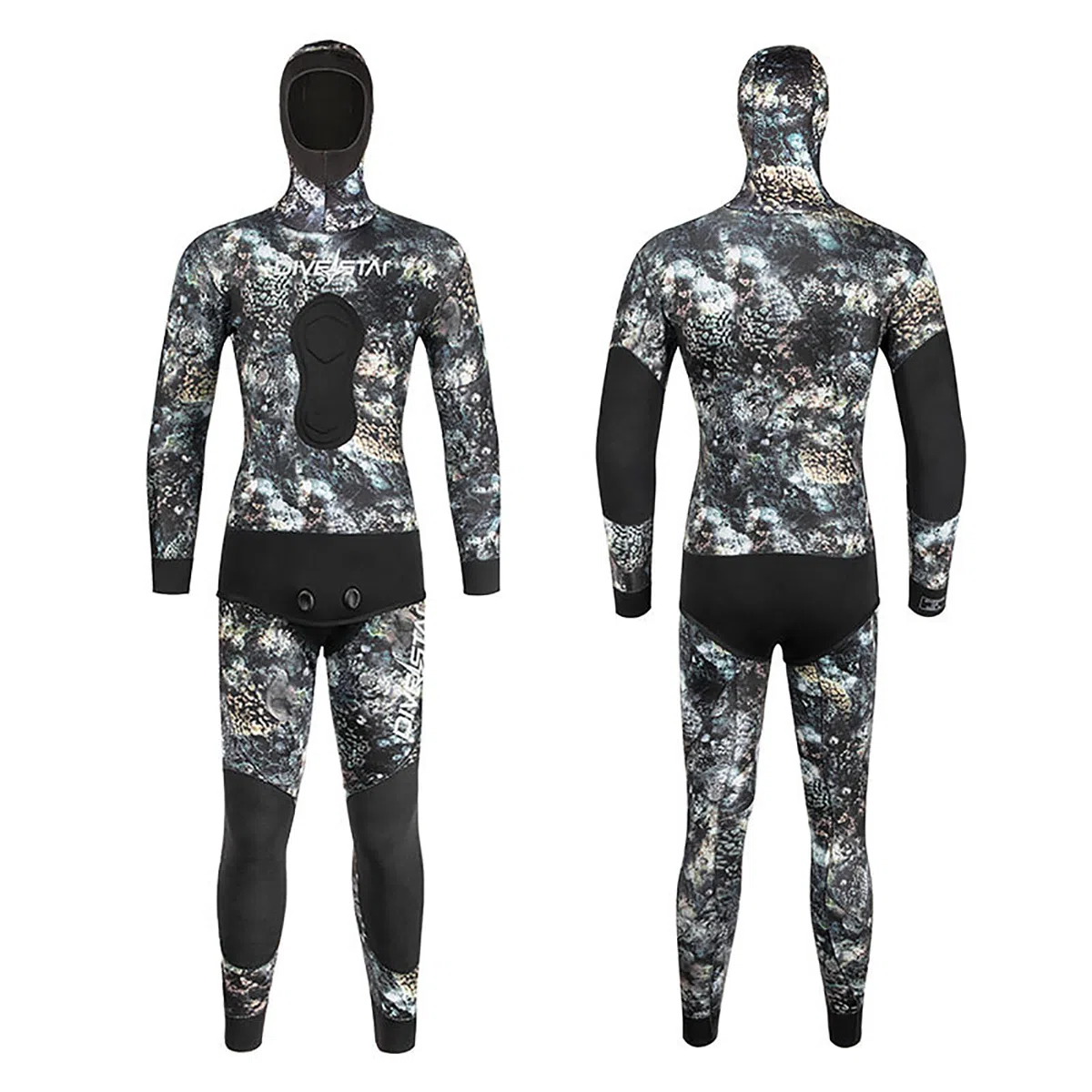 Muta da pesca subacquea in neoprene da 7 mm per uomo, mimetica divisa con cappuccio, imbottitura sul petto per apnea, snorkeling e immersioni in acqua fredda