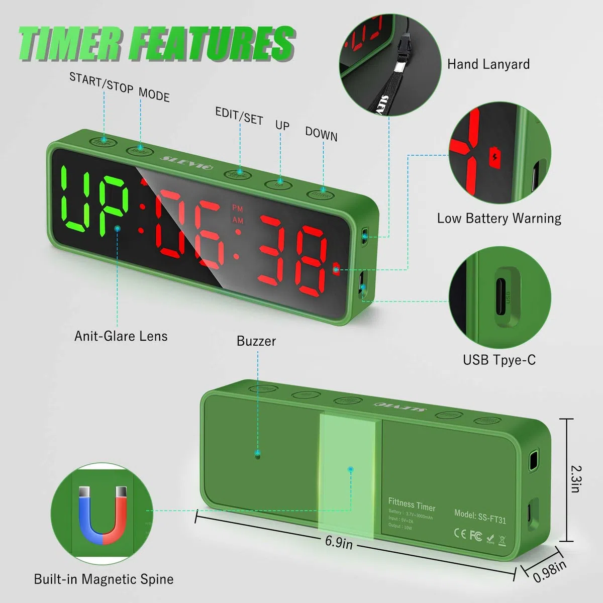 Piccolo timer da palestra, cronometro, timer magnetico a intervalli di allenamento, grande display digitale a LED, accessori per la casa, orologio per conto alla rovescia, per casa, palestra, garage