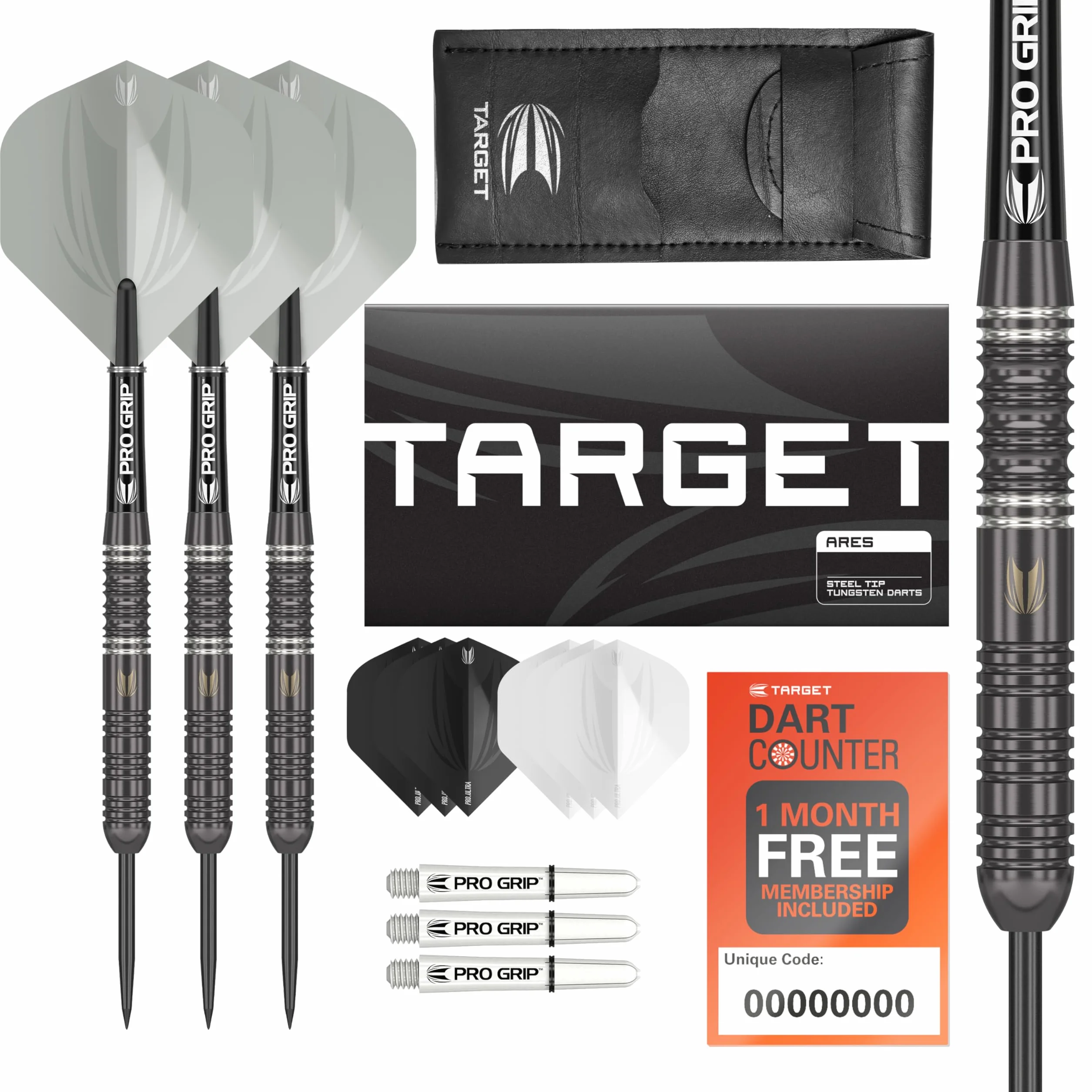 Target Darts Ares 22G/23G/24G Set di Freccette con Punta in Acciaio al tungsteno - 6 Alberi PRO Grip - 9 Voli PRO Ultra – Portafoglio Dart - Dart Counter App Coupon Bundle