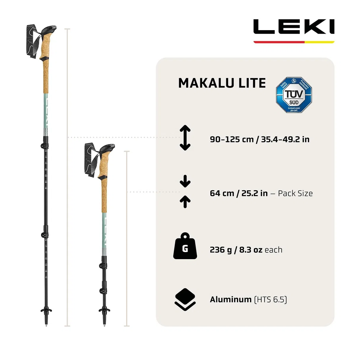 LEKI Makalu Lite - Bastoni da trekking unisex, leggeri e regolabili, in alluminio (90-135 cm), con piastra da trekking