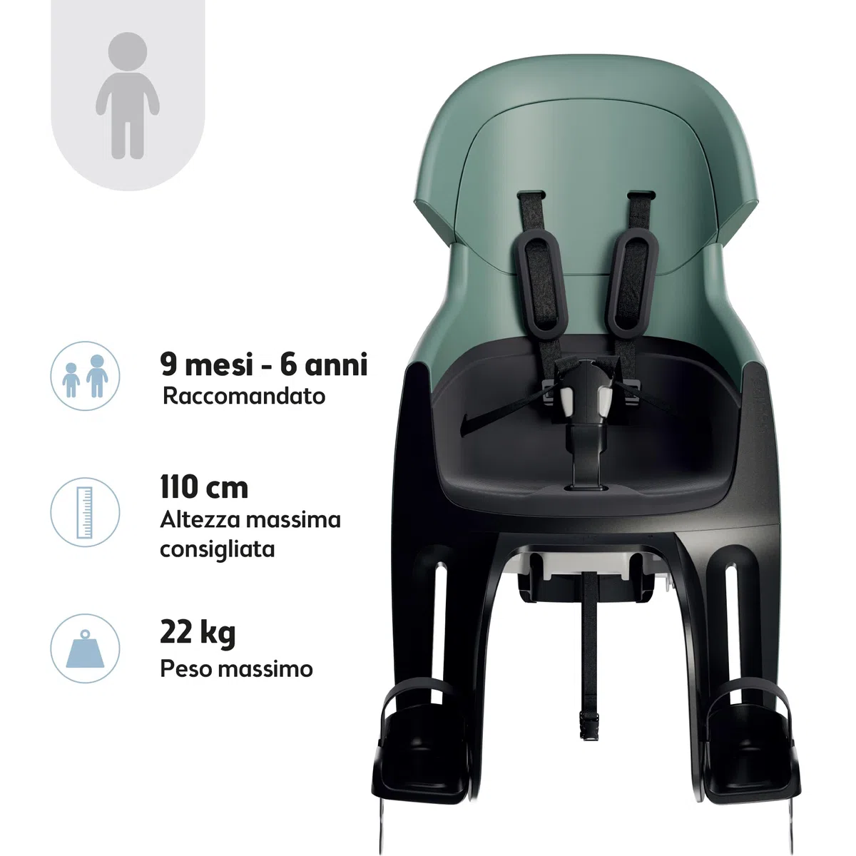 Seggiolino Posteriore Bicicletta Bambini Reclinabile Al Telaio e Portapacchi Bobike EXCLUSIVE EVOLVE MAXI doppia parete, sospensione integrata, poggiatesta regolabile e cintura a 5 punti, fino a 22 kg