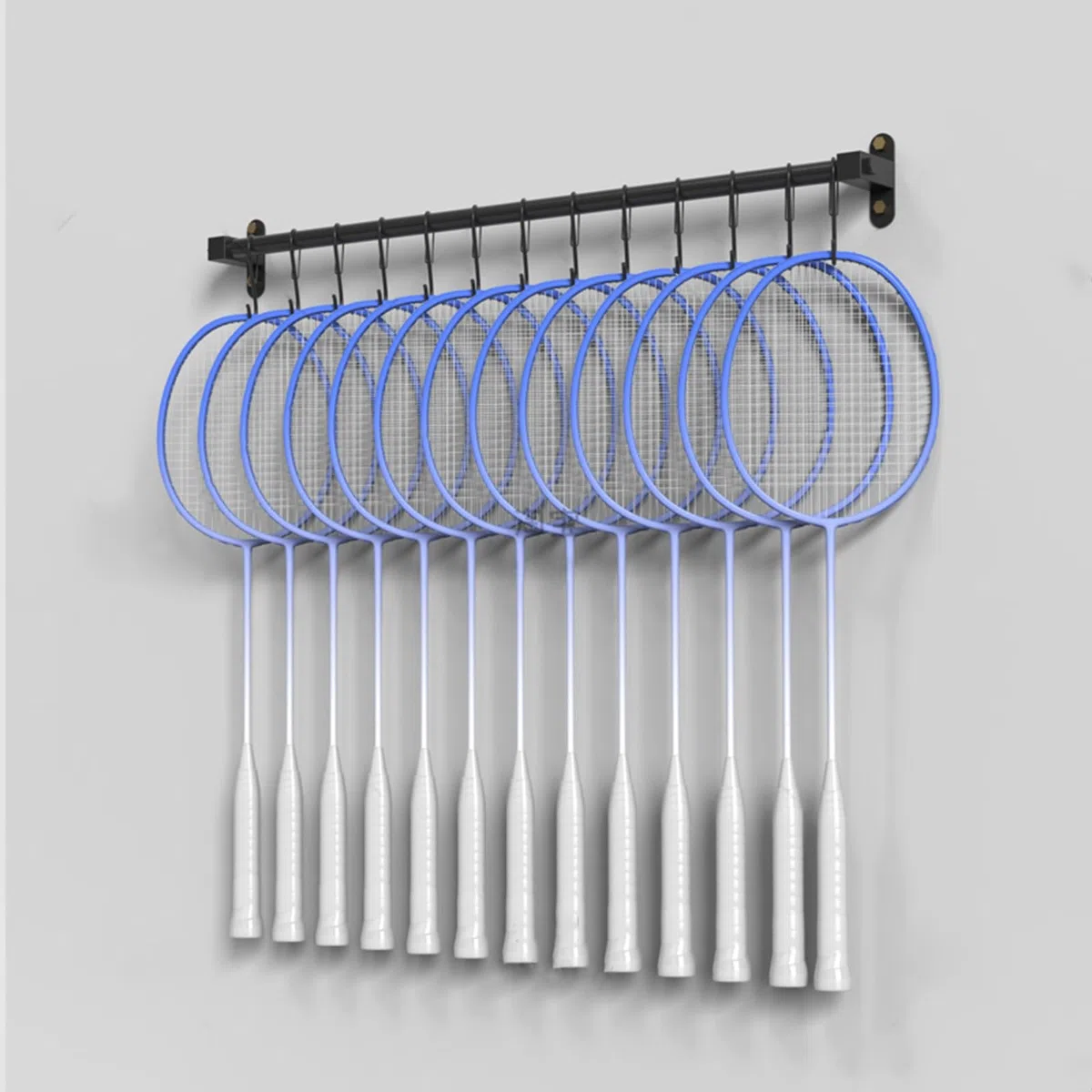 Supporto per racchette da parete con gancio a S, espositore nero per racchette da badminton/tennis da appendere, per casa, ufficio, garage, attrezzatura sportiva, salva spazio (asta da 145 cm