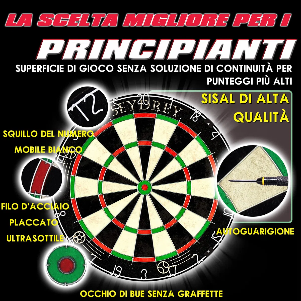 Seydrey Bersaglio per Freccette, Bersaglio Ufficiale con Punta in Acciaio da 20g,Kit di Montaggio Inclusi