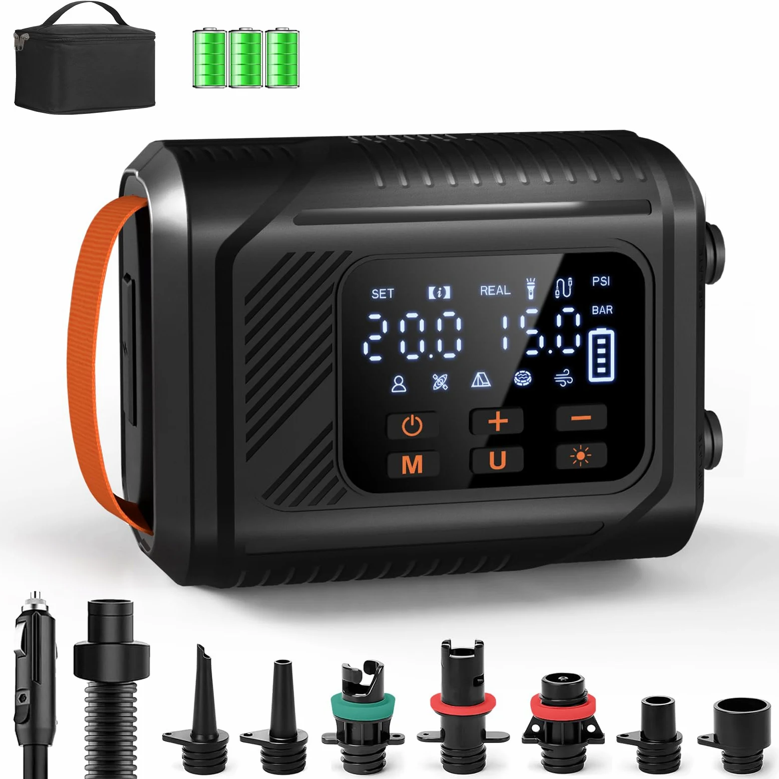 Mojimdo Pompa elettrica SUP 20 PSI con luce LED, pompa ad aria portatile con 5 modalità e modalità personalizzata, doppio gonfiaggio rapido, spegnimento automatico e ricarica automatica da 12 V, per